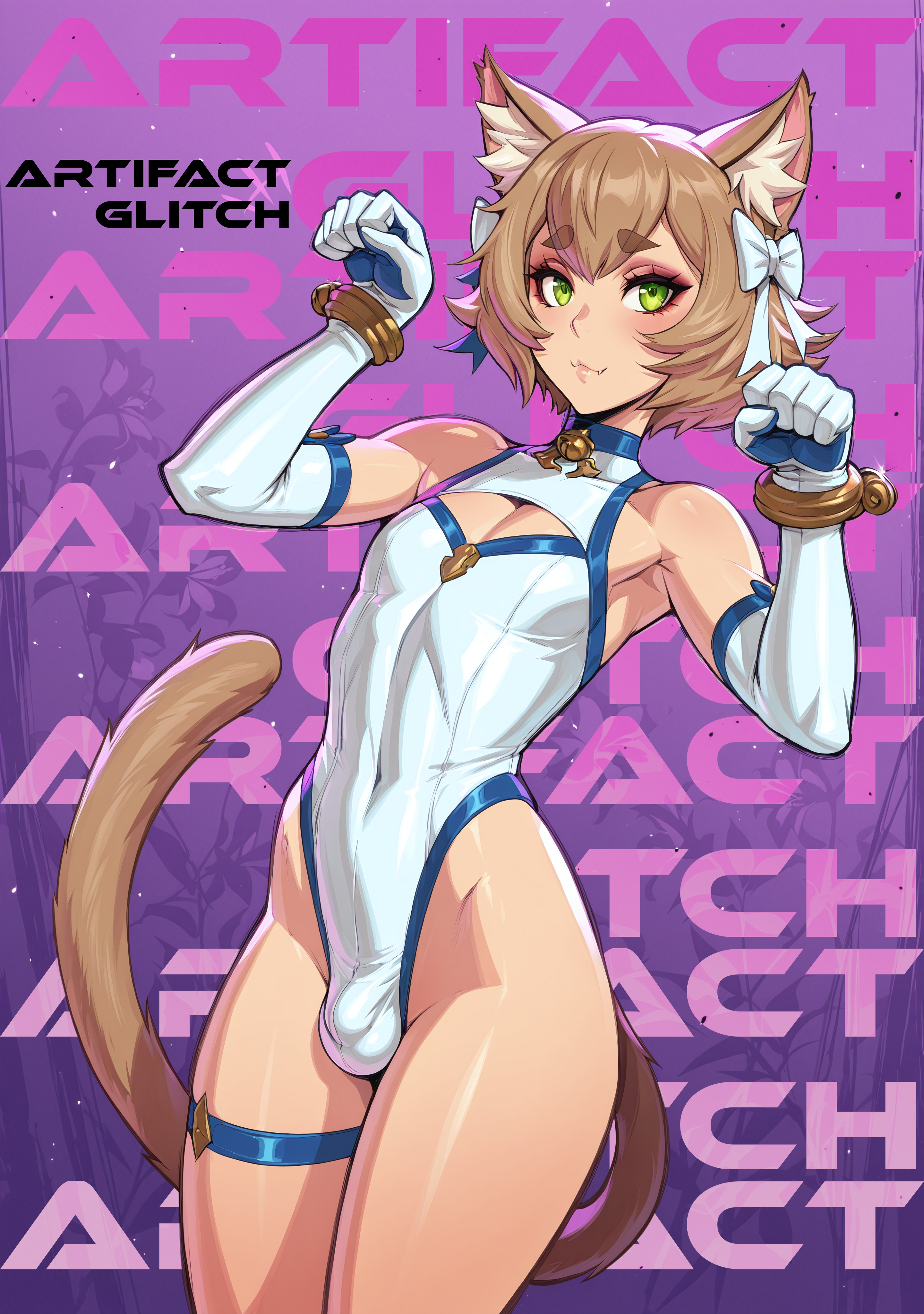 ai art, ai generated, artifactglitch, breast window, breasts, bulge, cat boy, cat pose, catgirl, felix argyle, femboy, male, male only, re:zero kara hajimeru isekai seikatsu, solo