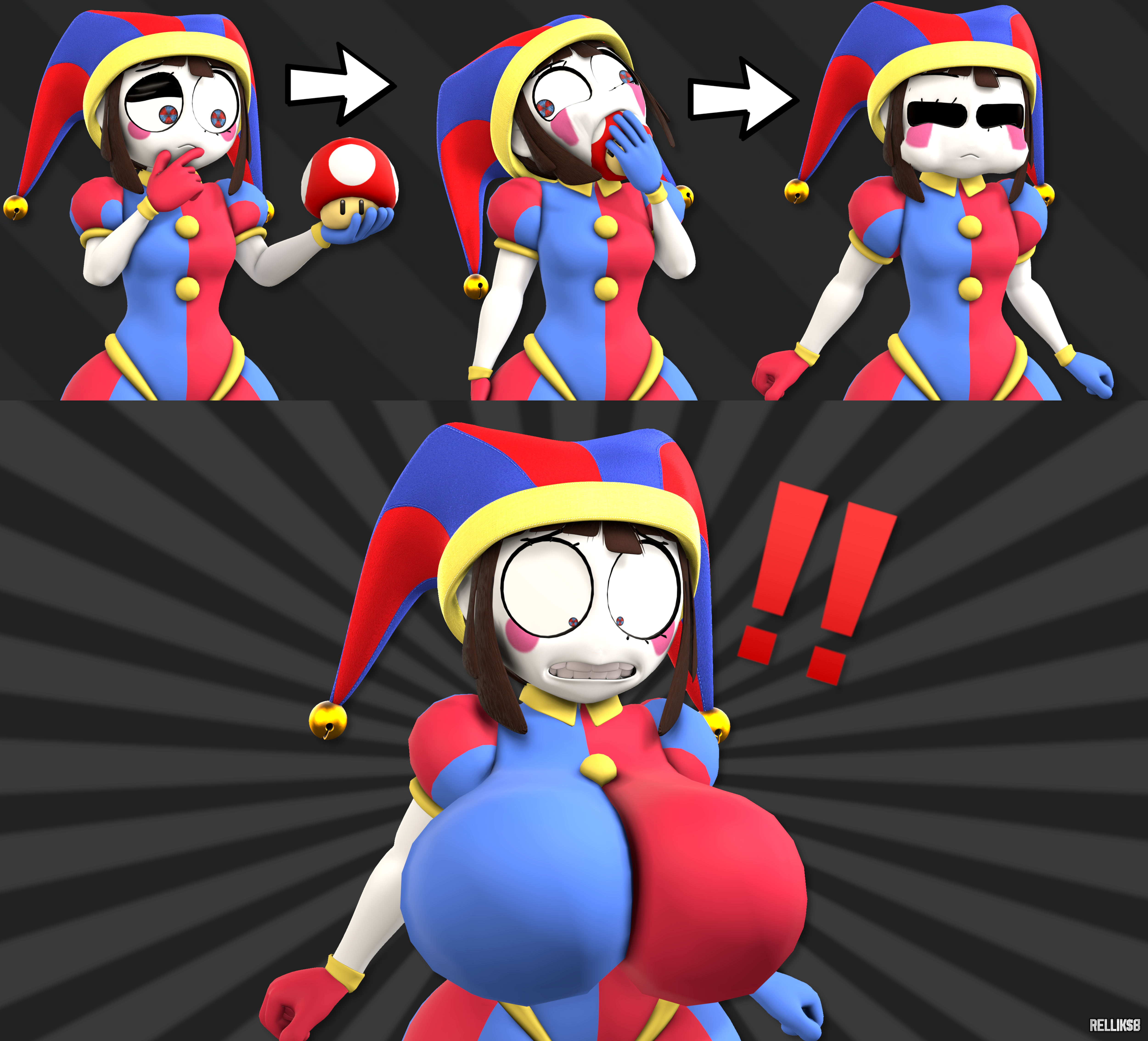 1girls, 3d, 3d background, 3d model, before and after, big breasts, breasts, eating, eating mushroom, female, female focus, female only, giant breasts, glitch productions, growth sequence, mushroom, pomni, pomni (the amazing digital circus), relliksb, size difference, size transformation, small breasts, super mario bros., super mushroom, the amazing digital circus