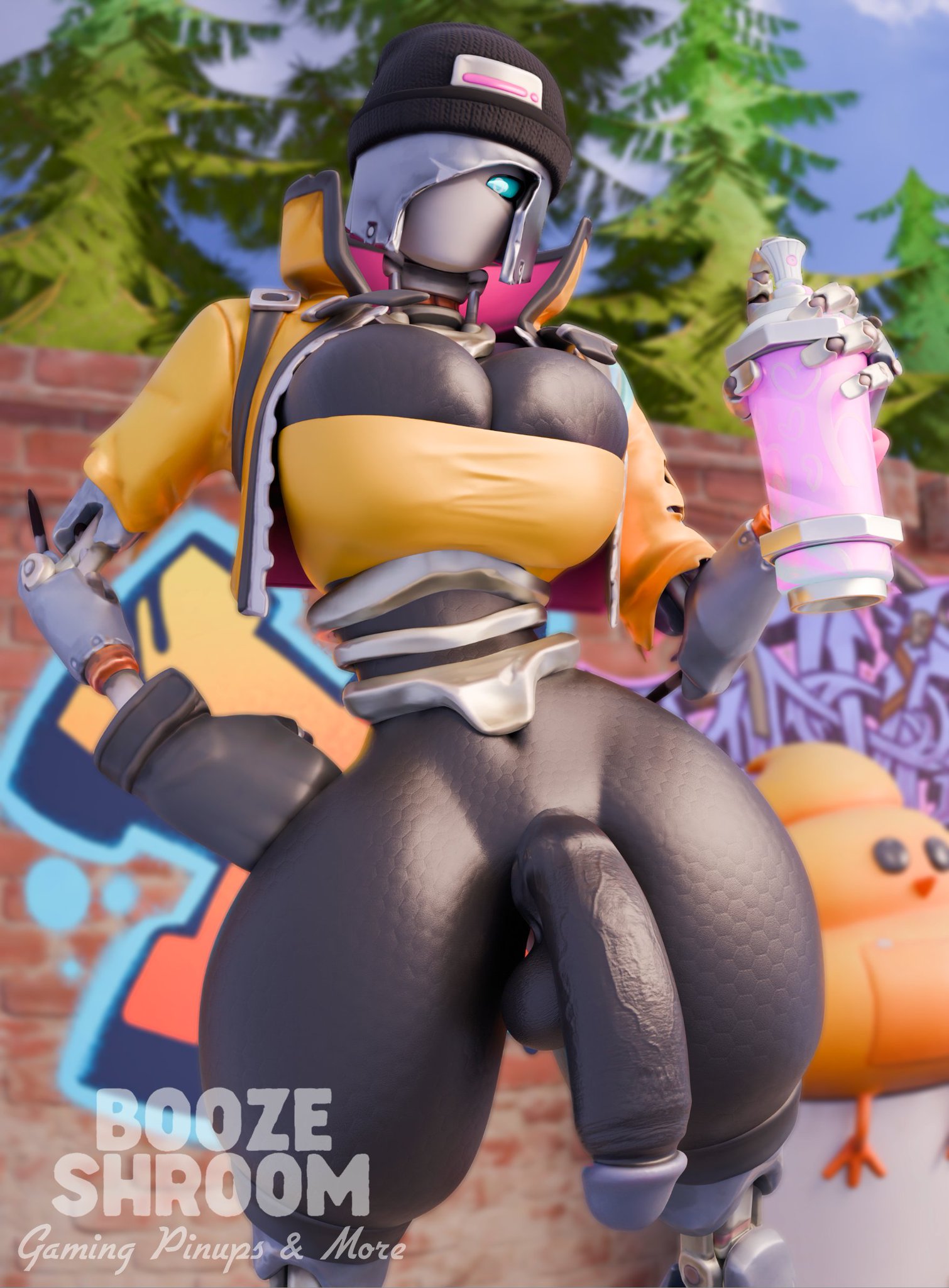 1futa, 3d, 3d (artwork), alternate version available, balls, beanie, beanie hat, big balls, big breasts, big penis, boozeshroom, bottomless, bottomless futa, breasts, clothed, clothed futa, clothed robot, clothing, fortnite, futanari, hair over one eye, hand on hip, holding spray can, huge breasts, huge cock, intersex, looking down, looking down at viewer, partially clothed, partially clothed futa, penis, rebel (fortnite), robot, robot futa, robot humanoid, shiny, shiny skin, solo, solo futa, thick thighs, thighs, watermark