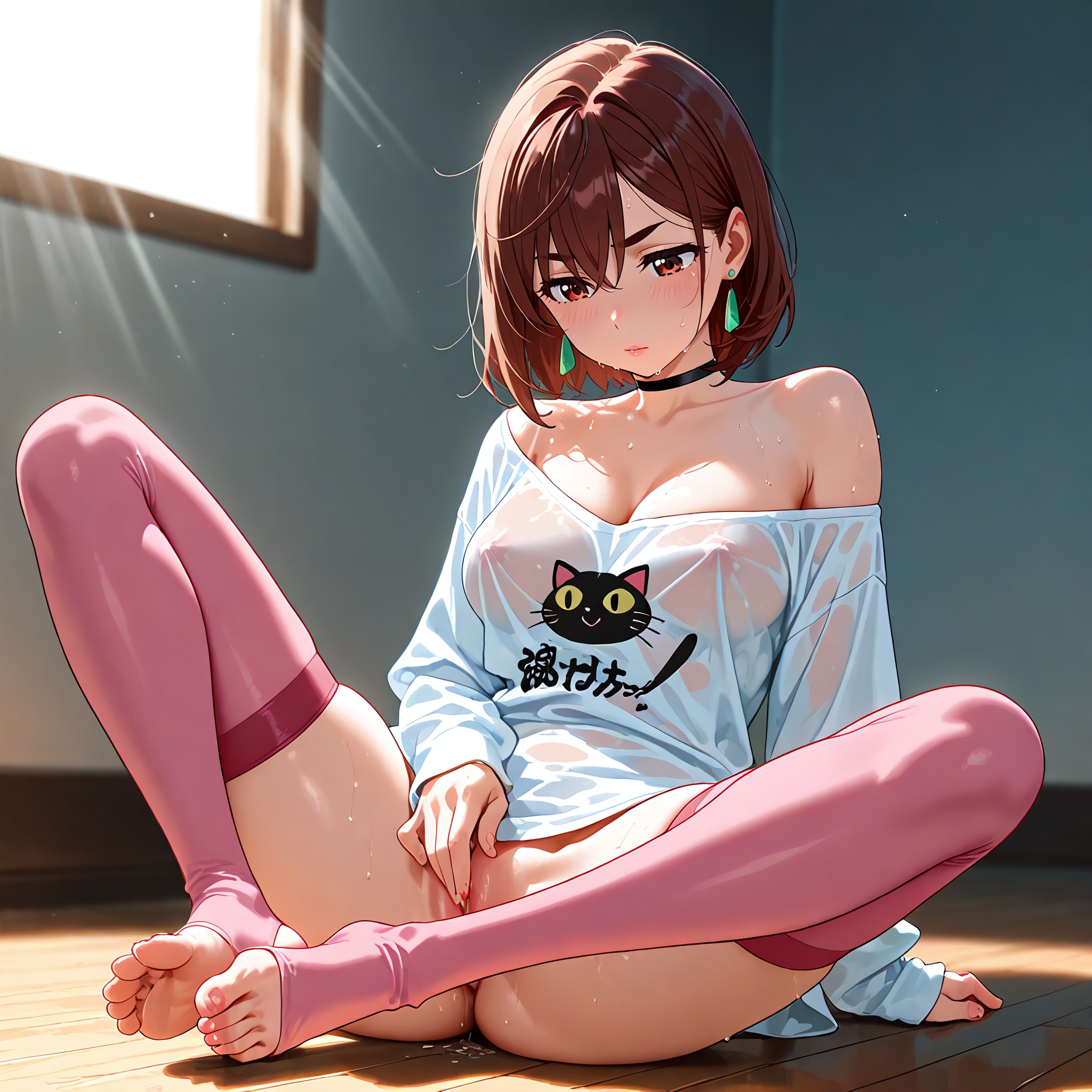 1girls, ai generated, ayase momo, bare shoulder, black choker, blush, boobs, breasts, brown eyes, brown hair, choker, dandadan, earrings, female, female masturbation, fingering, fingering pussy, fingering self, hair between eyes, jewelry, large breasts, legs spread, legwear, long sleeves, looking at viewer, low-angle view, masturbation, medium hair, momo ayase, nipple bulge, nipple outline, nipples, nipples visible through clothing, no bra, no underwear, on floor, pink legwear, protocat, pussy, pussy peek, see-through, see-through shirt, shirt, shirt only, skindentation, solo, solo female, sweat, sweatdrop, sweating, sweaty, thick thighs, thigh highs, thighs, toeless legwear, toenails, toes, wet, wet clothes, white shirt