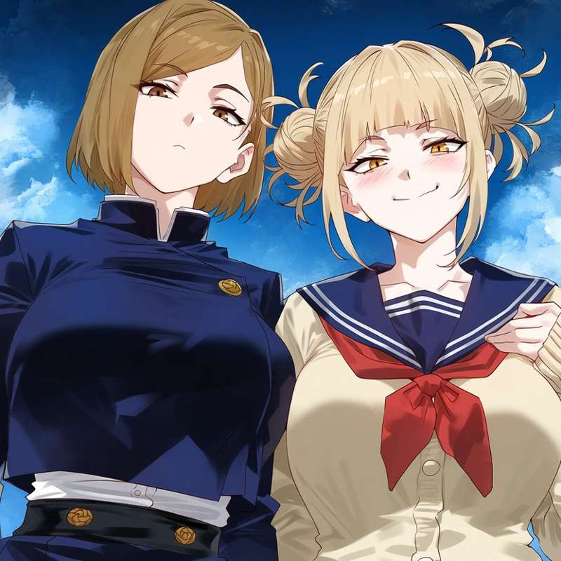 2girls, ai generated, blonde hair, blonde-haired female, blush, boku no hero academia, brown hair, brown-haired female, crossover, female, female only, hair, himiko toga, jujutsu kaisen, kugisaki nobara, light skin, light-skinned female, multiple girls, my hero academia, nobara lover, nobaralover, school uniform, short hair