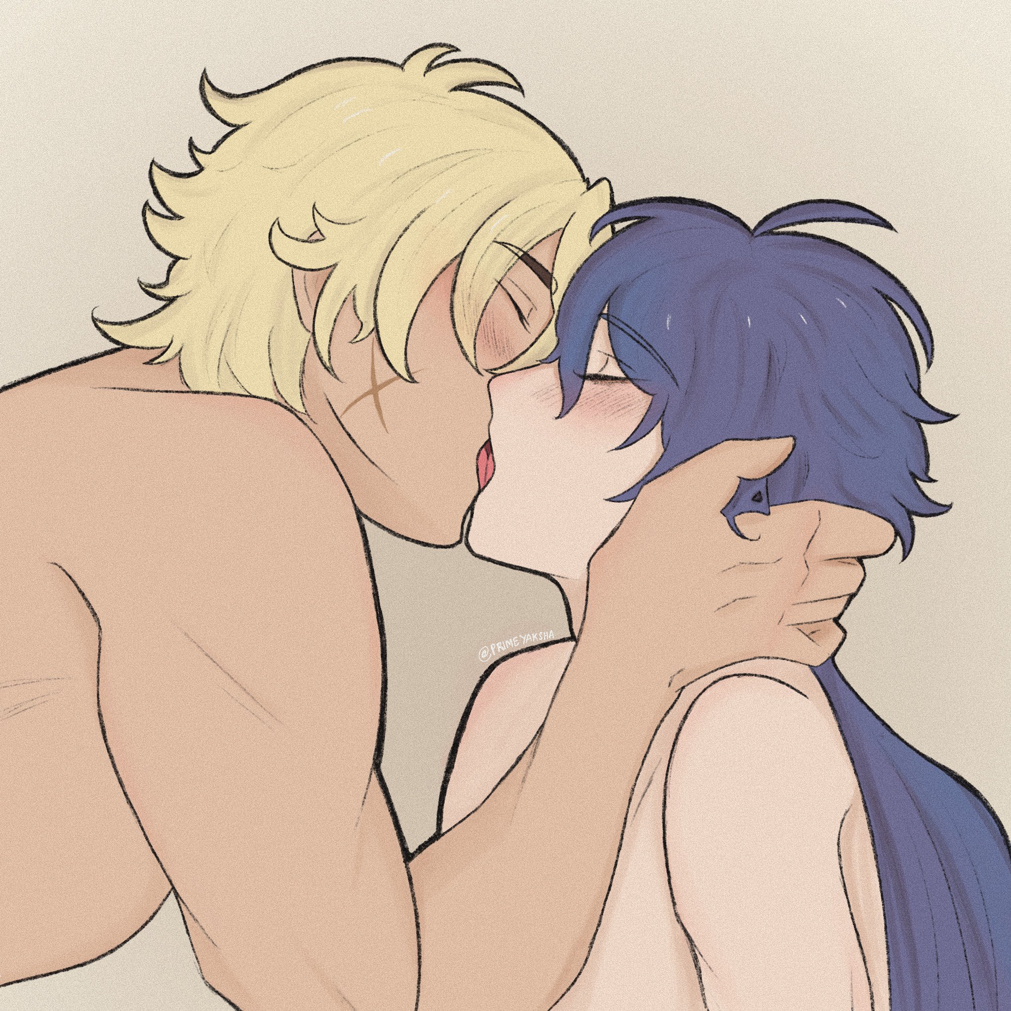 2boys, blonde hair, blue hair, flins (genshin impact), french kiss, gay, genshin impact, half body, kissing, making out, male, male only, male/male, shirtless, varka (genshin impact), yaoi