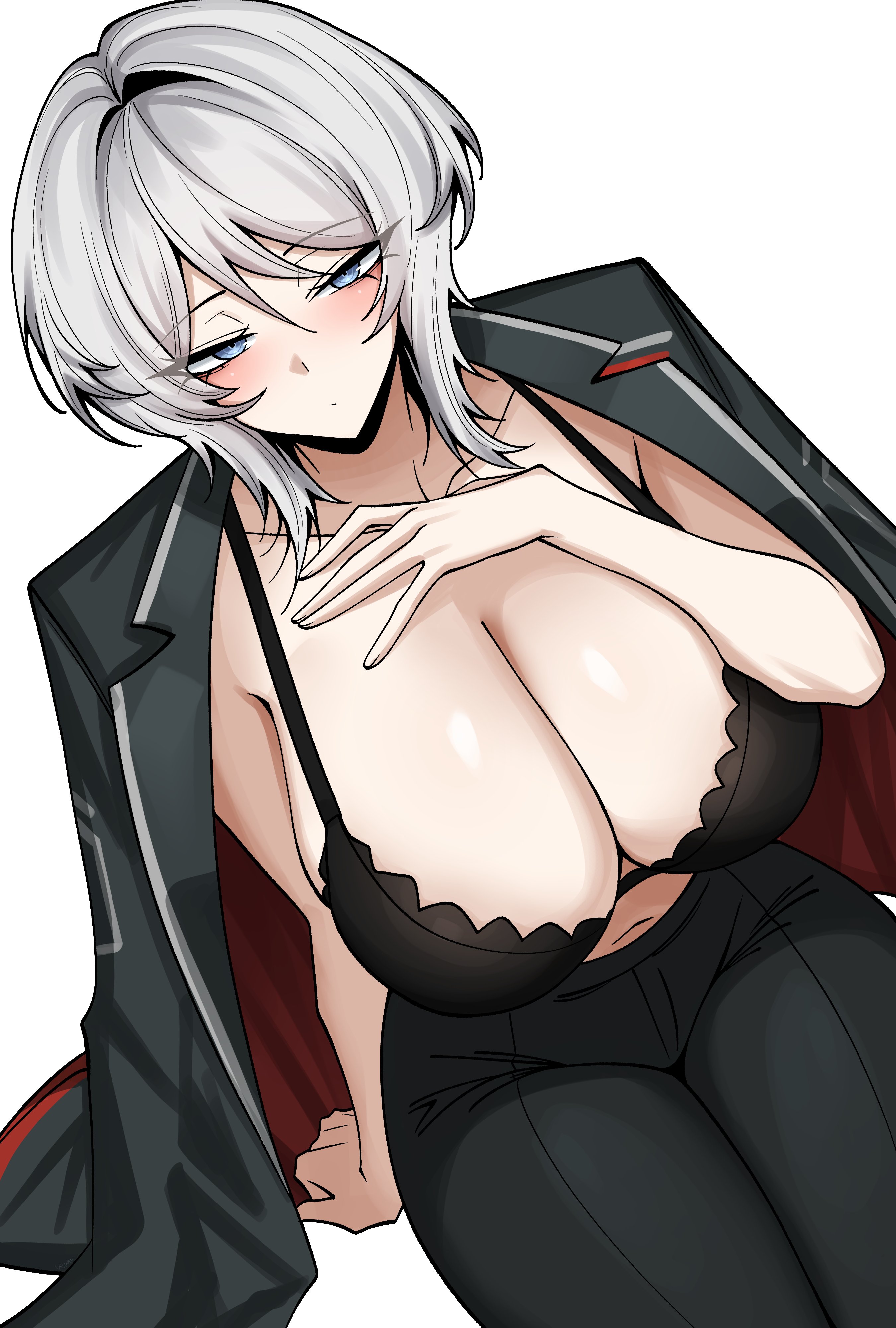 2d, big breasts, black bra, blue eyes, bra, breasts, faust (limbus company), female, limbus company, project moon, semi nude, vvernerluniq, white hair