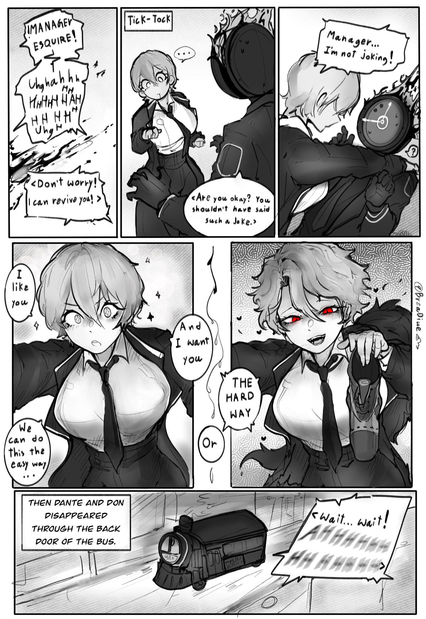 asking for sex, bloodfiend, clock, comic, dante (limbus company), death, demanding, dialogue, don quixote (limbus company), female, femdom, horny female, limbus company, missing hand, monochrome, pinned, project moon, prosthetic, revival, sancho (limbus company), screaming, short hair, suggestive, suit, tagme
