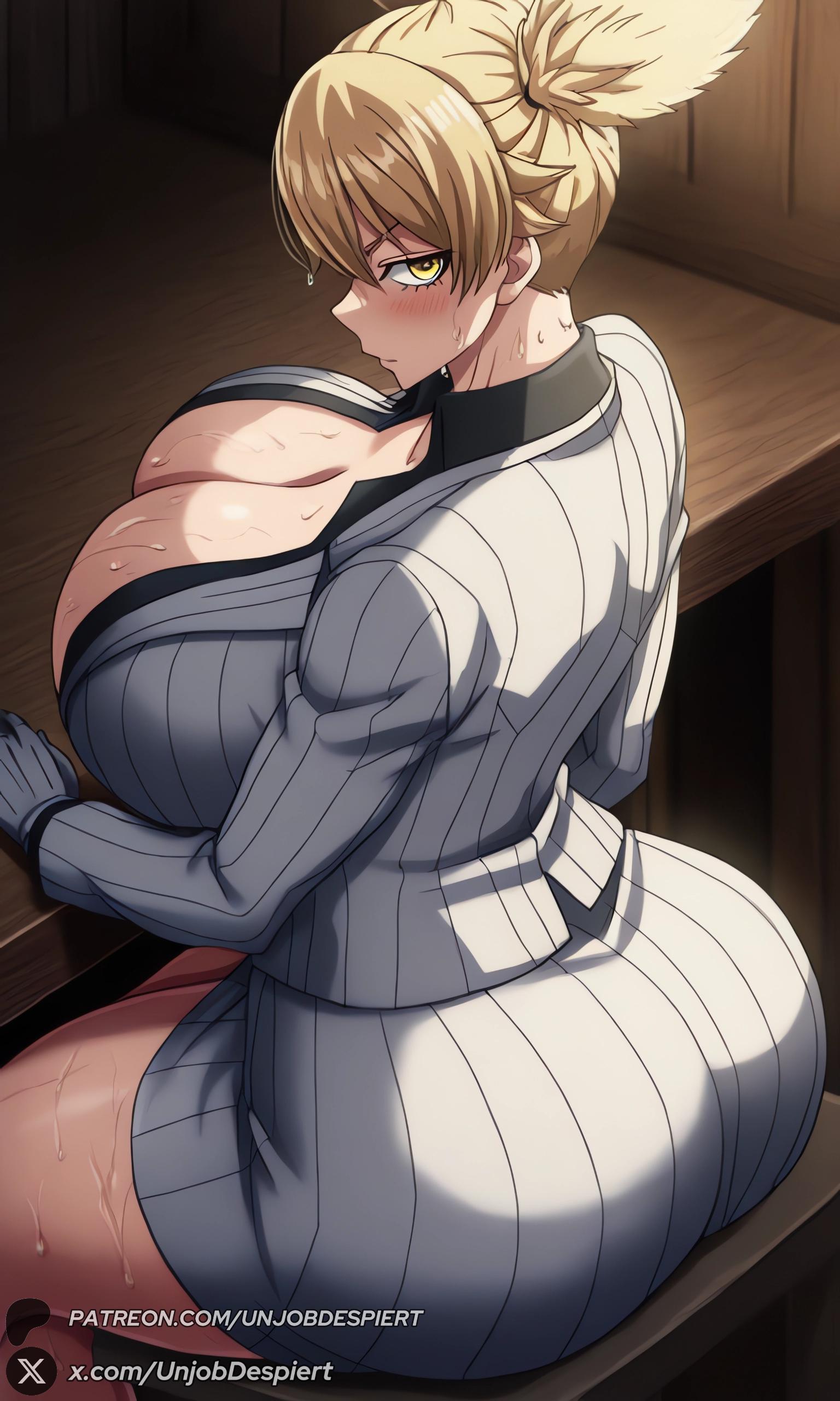 1female, 1girls, 2025, ai generated, artist name, ass, big ass, big breasts, blonde hair, blush, breasts, cleavage, curvy, female, female only, gloves, hi res, high quality, high resolution, highres, huge ass, huge breasts, jacket, looking at viewer, looking back, momokusa yomogi, patreon, patreon username, pinstripe pattern, short hair, short twintails, sitting, skirt, solo, striped, striped jacket, sweat, thick thighs, thighs, tougen anki, twintails, unjobdespiert, watermark, web address, white gloves, yellow eyes