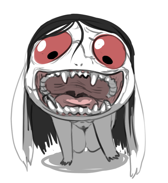 big_eyes black_hair breasts demon fangs female gaping_mouth hellmouth_imp imp looking_at_viewer morbi mouth_shot nightmare_fuel pov pubes red_eyes simple_background solo white_background