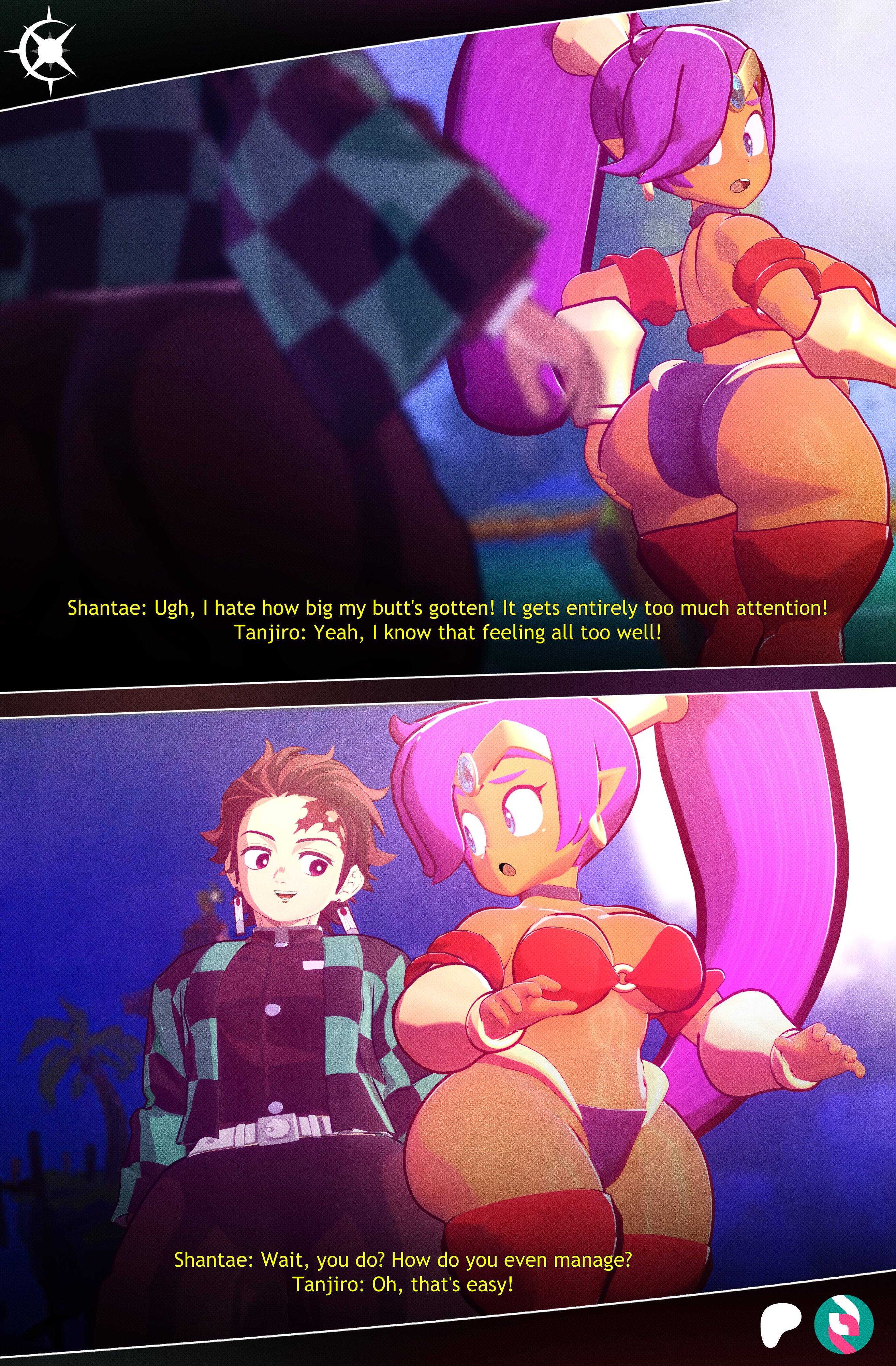 1boy, 1girls, ass, ass focus, big ass, big butt, bubble ass, bubble butt, crop top, crossover, curvy, curvy figure, demon slayer, earrings, female, femboy, kamado tanjirou, kimetsu no yaiba, male, revealing clothes, shantae, shantae (character), thighhighs, thighs, thong, xscapism