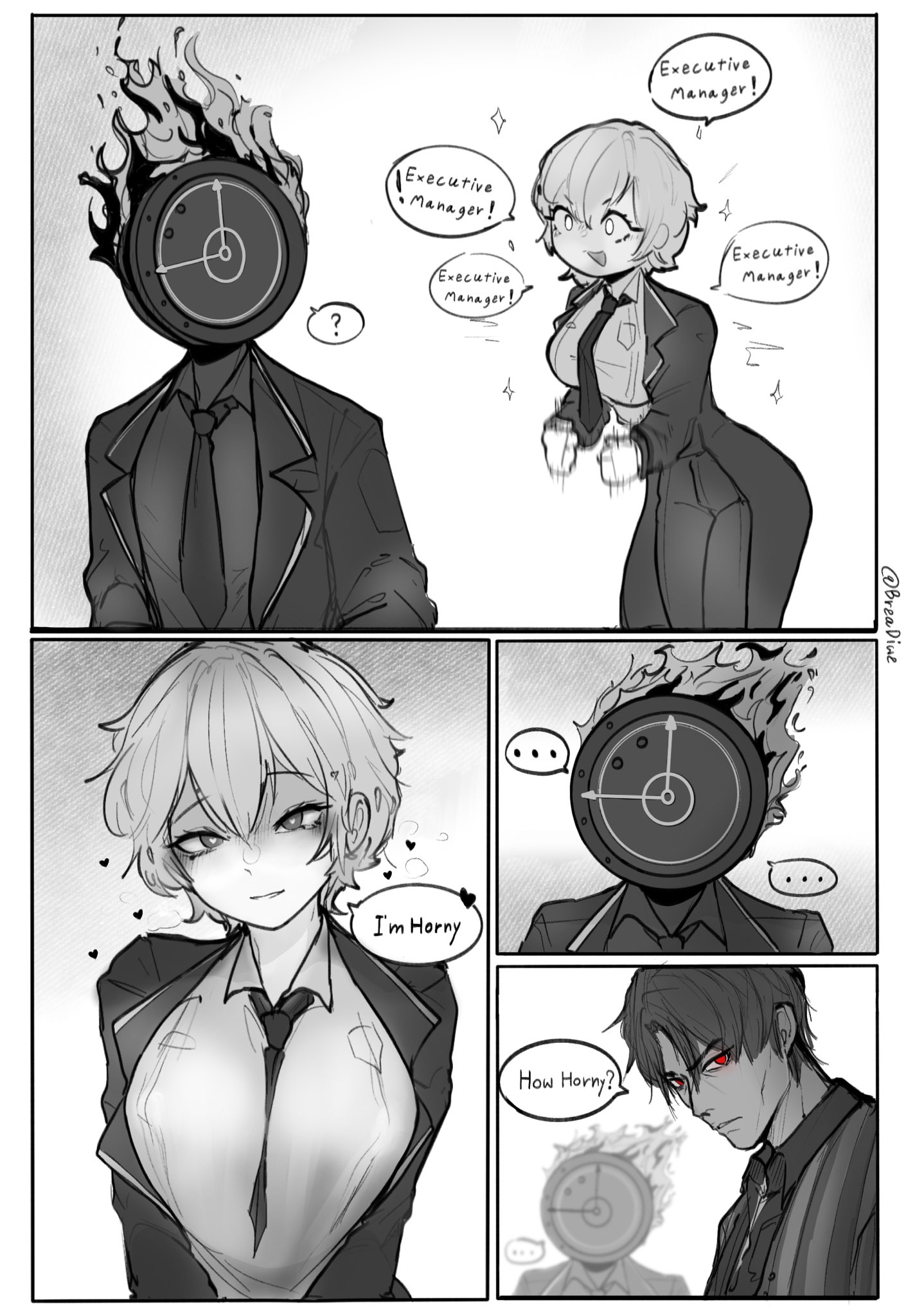 ambiguous gender, breadiwe, clock, comic, dante (limbus company), dialogue, don quixote (limbus company), female, horny female, limbus company, monochrome, project moon, prosthetic, short hair, suggestive, suit, tagme, vergilius (limbus company)