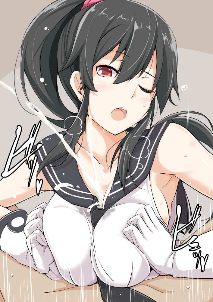 black hair, blush, breasts, cum, female, gloves, kantai collection, kichi8, large breasts, long hair, looking at viewer, one eye closed, open mouth, paizuri, paizuri under clothes, ponytail, red eyes, school uniform, serafuku, solo, solo focus, sweat, tied hair, white gloves, yahagi (kantai collection)