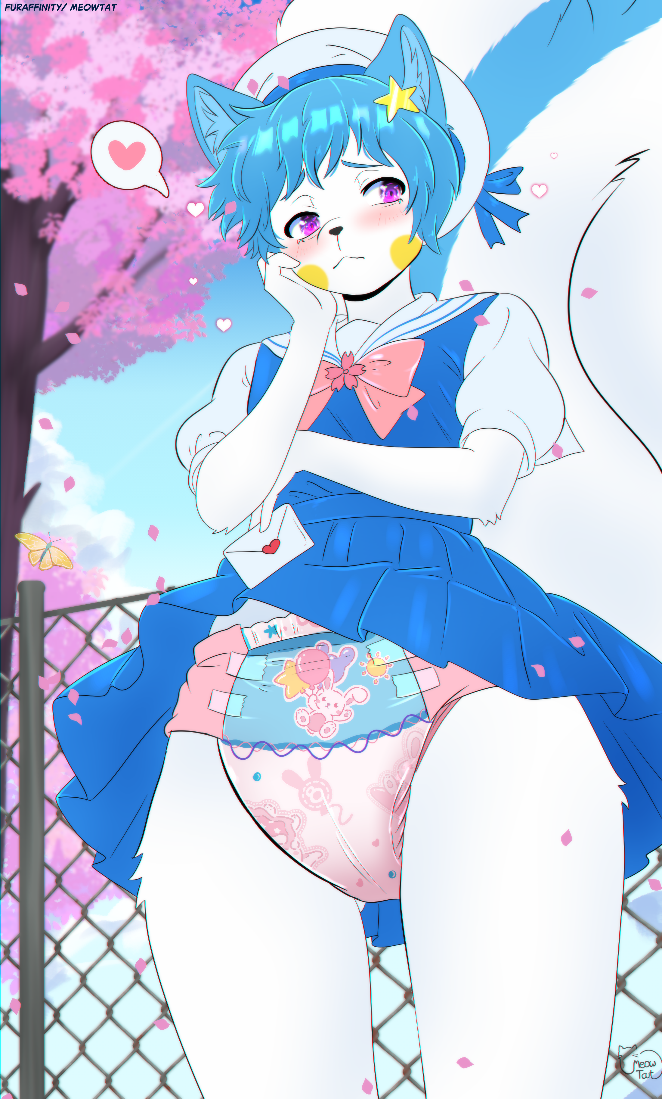 abdl, anthro, blush, cherry blossom, cherry blossom tree, clothed, clothing, commission, diaper, diaper fetish, diaper under skirt, femboy, femboy only, furry, furry only, japanese clothing, japanese school uniform, male, meowtat, school uniform, solo, squirrel, wearing diaper, white fur, ych