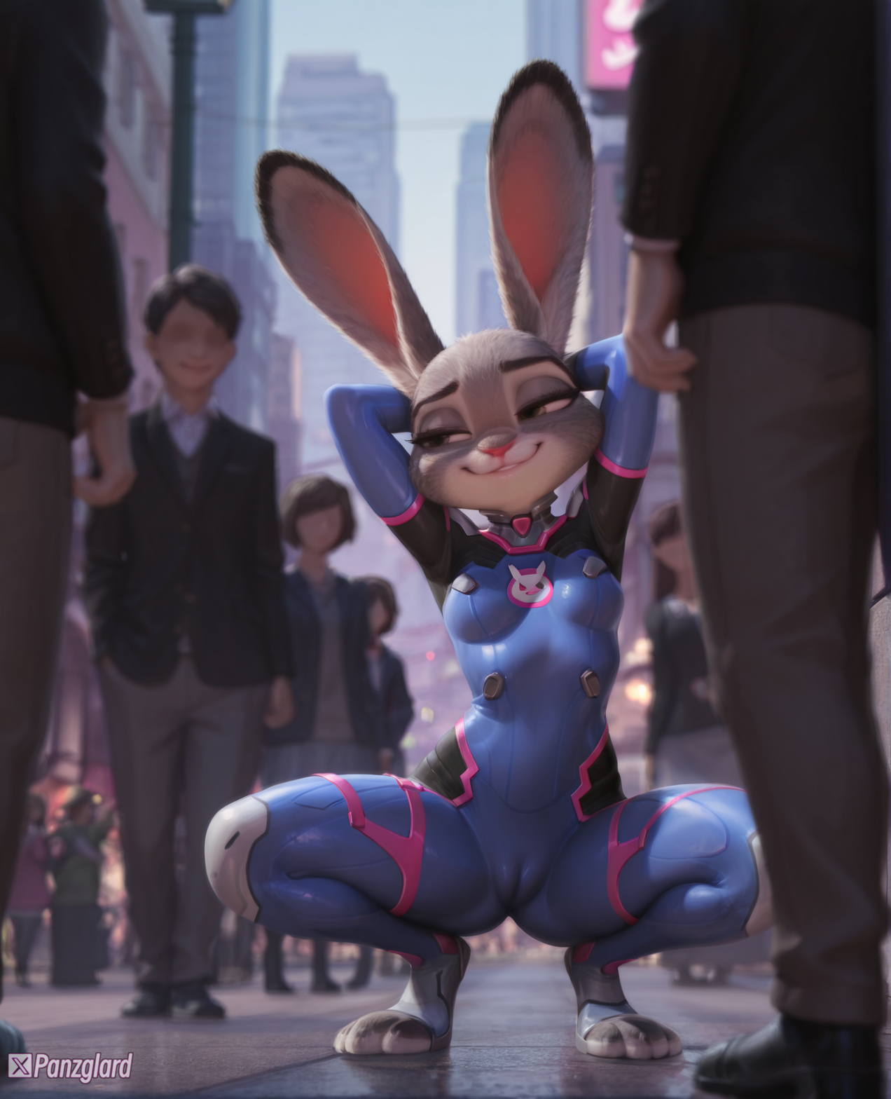 ai generated, anthro, anthro female, cameltoe, d.va (cosplay), female, fur, furry, furry female, furry rabbit, high resolution, highres, hires, judy hopps, overwatch, overwatch 2, panzglard, size difference, zootopia, zootopia 2