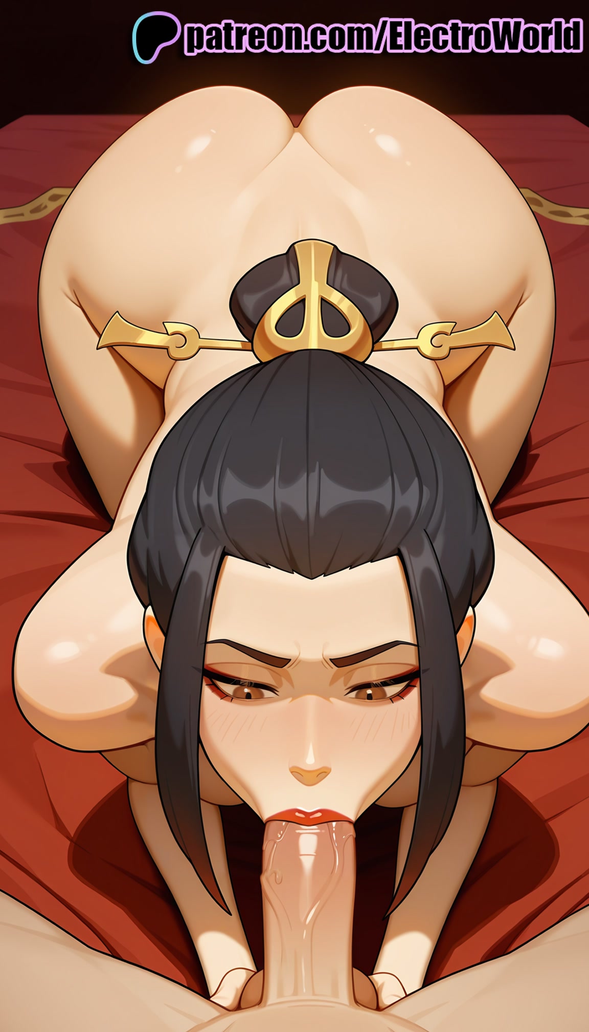 1boy, 1girls, 2025, ai generated, artist name, avatar the last airbender, azula, bed sheet, black hair, blowjob, blowjob face, cock, dick, electroworld, fellatio, female, hi res, high quality, high resolution, highres, licking, male, on bed, oral, oral sex, patreon, patreon username, penis, pov, solo focus, stable diffusion, straight, sucking, uncensored, watermark, zuko