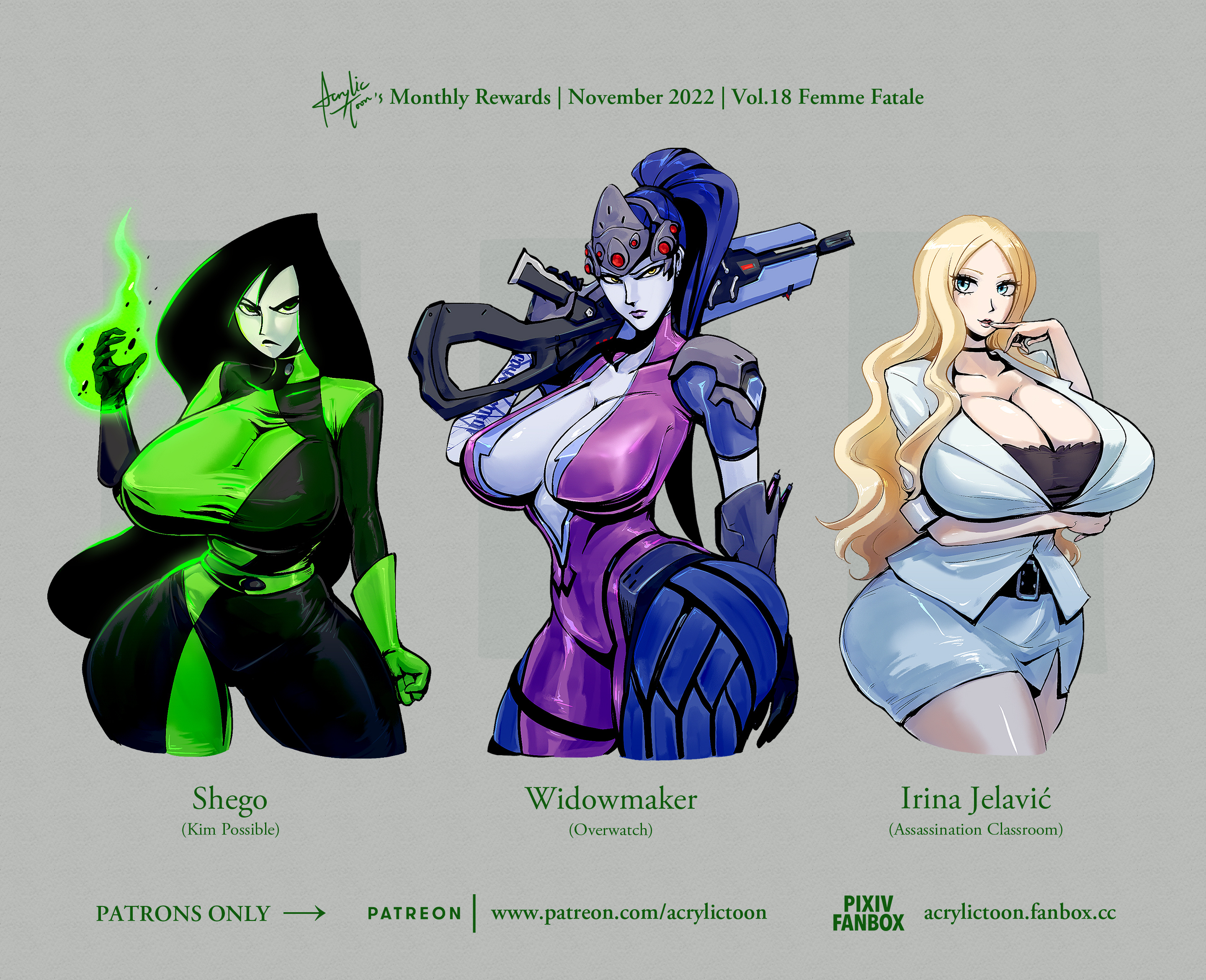 2d, 2d (artwork), 2d artwork, 3girls, acrylictoon, alternate body type, alternate breast size, assassination classroom, big breasts, big hips, black hair, black hair female, blizzard entertainment, blonde hair, blonde hair female, blue eyes, blue eyes female, breasts, curvy, curvy female, curvy figure, digital drawing (artwork), digital media (artwork), disney, female, french, french female, hips, irina jelavic, kim possible, large breasts, long hair, long hair female, overwatch, ponytail, purple hair, purple hair female, shego, sniper, straight hair, teacher, widowmaker