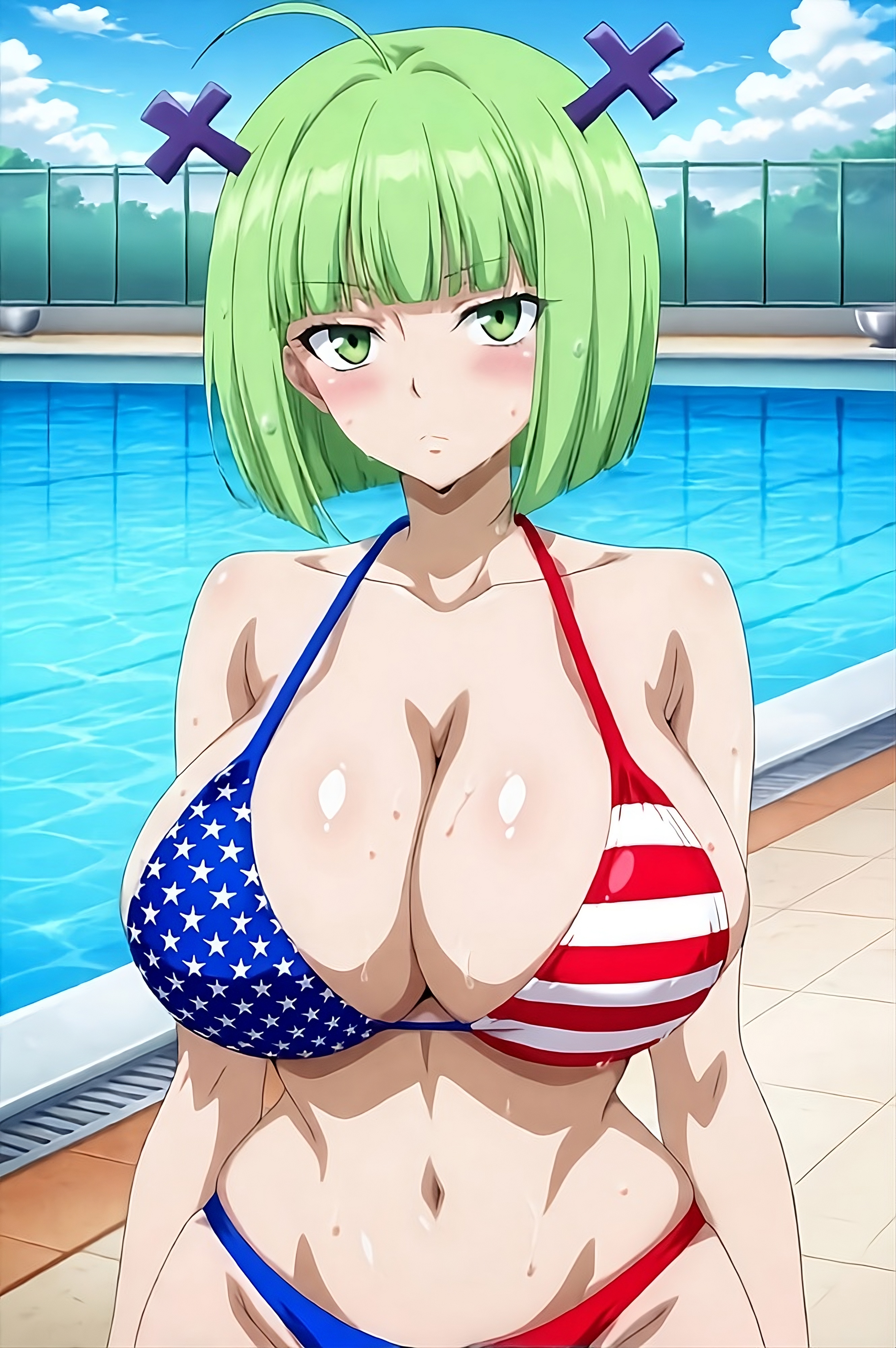 1girls, 4th of july, ai generated, america, american flag bikini, american flag bikini bottom, american flag bikini top, american flag print, bikini, blue sky, blush, bob cut, bob cut hair, brandish mew, breasts, clouds, curvaceous, curvaceous figure, day, day time, fairy tail, female, fourth of july, green eyes, green hair, green-haired female, head accessory, hi res, hires, holidays, independence, independence day, large breasts, looking at viewer, narrow waist, outdoors, outside, patriot, patriotic, patriotism, pool, poolside, short hair, sky, solo, solo female, stars, stars and stripes, stripes, summer, united states, united states of america, water, wet, wet body, wet skin, wide hips