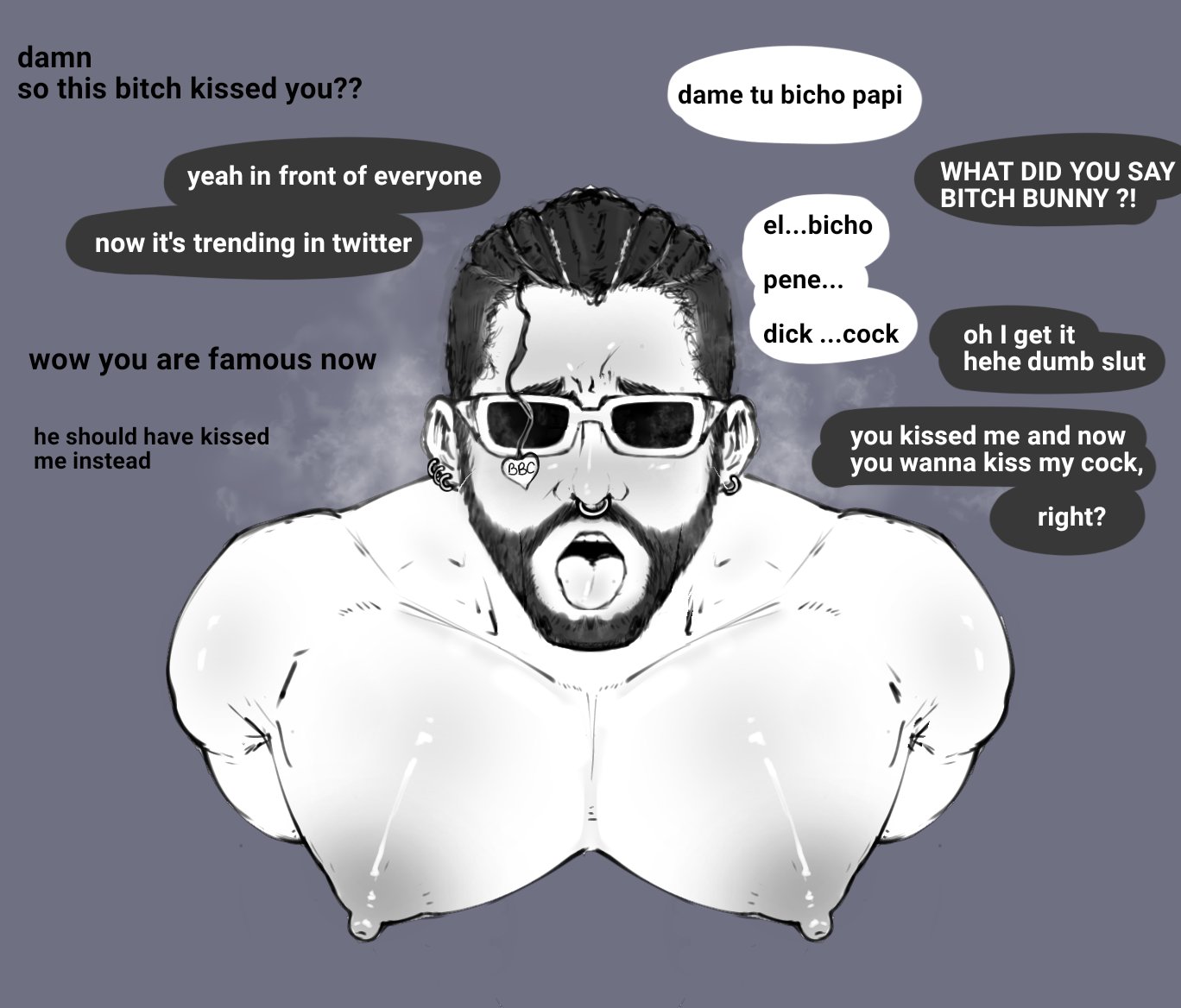 1boy, bad bunny, bara, celebrity, ear piercing, english dialogue, english text, facial hair, gay, male, male focus, male only, monochrome, muscular, muscular chest, muscular male, musician, nipples, nose piercing, open mouth, paldraws, pecs, piercing, real person, simple background, solo, solo male, spanish dialogue, spanish text, speech bubble, sunglasses, text, tongue, yaoi