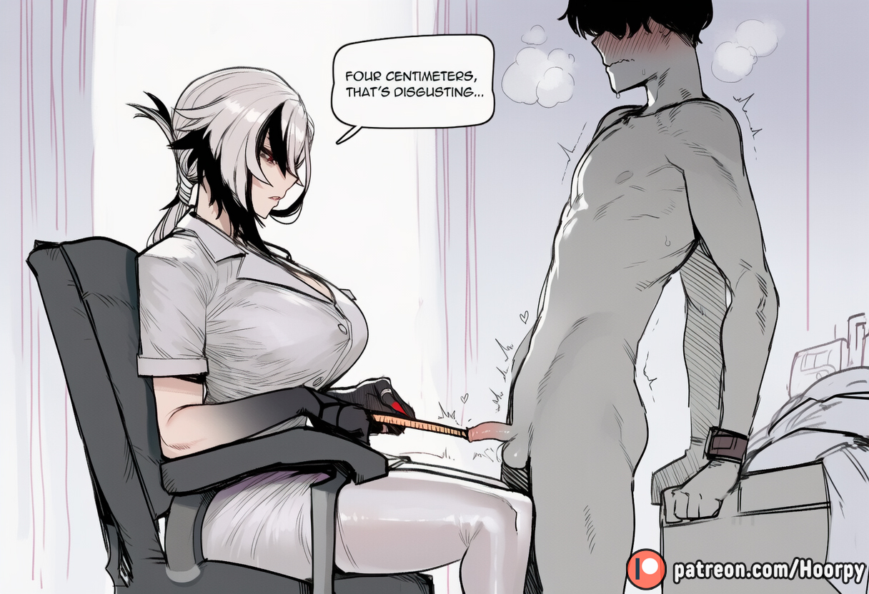 1boy, 1girls, adult, adult and teenager, adult female, ai generated, annoyed, arlecchino (genshin impact), big ass, big breasts, big thighs, black hair, blush, breasts, breath, cock, colored hair, comic, comic page, comics, curvy, curvy body, curvy female, curvy figure, dead eyes, depressed, dominant, dominant female, domination, emotionless, emotionless female, empty eyes, english, english text, examination, faceless character, faceless male, female, fit, fit female, foreskin, genshin impact, greyscale, half-closed eyes, hoorpy, hospital, hospital room, humiliated, humiliation, indoors, large breasts, light body, light skin, light-skinned female, light-skinned male, looking at penis, male, mihoyo, monochrome, naked, naked male, nervous, nude, nude male, nurse, nurse uniform, penis, penis measuring, penis out, ruler, shaking, short hair, shy, sitting, sitting on chair, skinny, skinny male, small penis, small penis humiliation, smaller male, standing, submissive, submissive male, taller female, text bubble, tight foreskin, trembling, uncircumcised, unique eyes, white hair