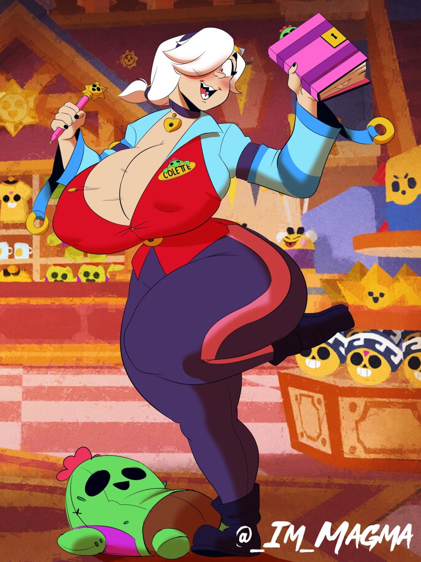 1boy, 1girls, artist name, artist request, brawl stars, breasts, colette (brawl stars), female, huge ass, huge breasts, huge thighs, male