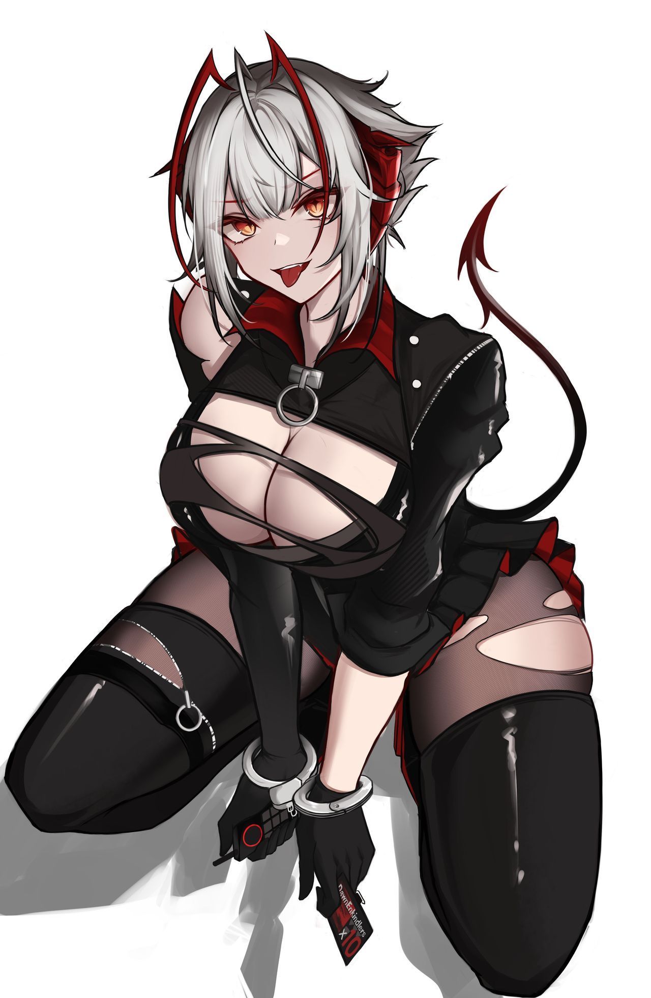 1girls, arknights, big breasts, breasts, clothed, clothing, demon tail, female, female only, light skin, light-skinned female, looking at viewer, myb52, red eyes, solo, thick thighs, tongue, tongue out, w (arknights), white hair