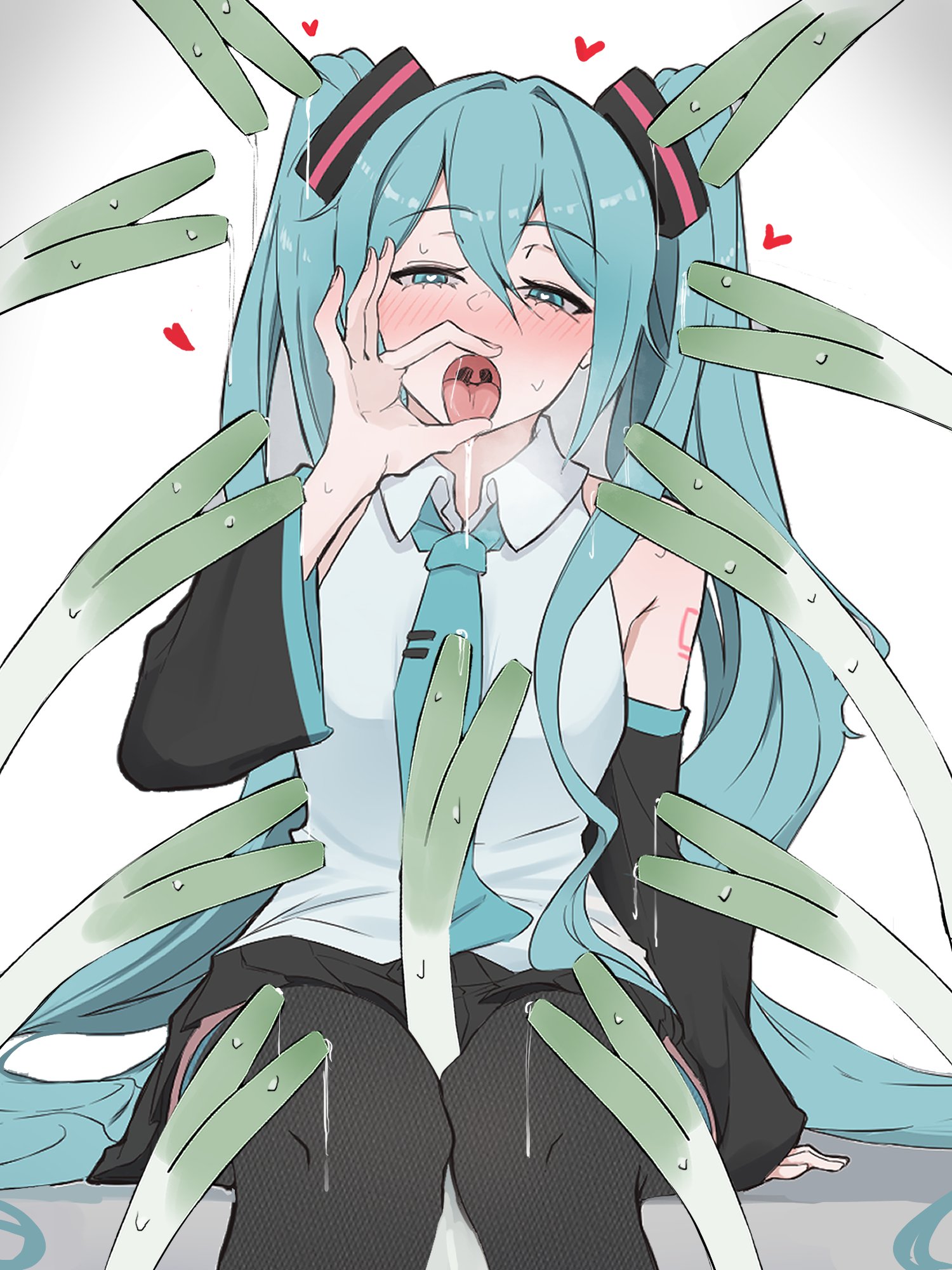 1girl, 1girls, aqua eyes, aqua hair, bare shoulders, black skirt, black thighhighs, blue eyes, blue hair, blush, clothed, clothing, detached sleeves, fellatio gesture, female, female only, hair between eyes, half-closed eyes, hatsune miku, heart, heart-shaped pupils, hi res, imminent hawk tuah, light skin, light-skinned female, long hair, looking at viewer, necktie, open mouth, pleated skirt, saliva, saliva trail, sexually suggestive, shirt, sitting, skirt, sleeveless, solo, spring onion, sweat, symbol-shaped pupils, tattoo, thighhighs, tongue, tongue out, twintails, very long hair, vocaloid, white background