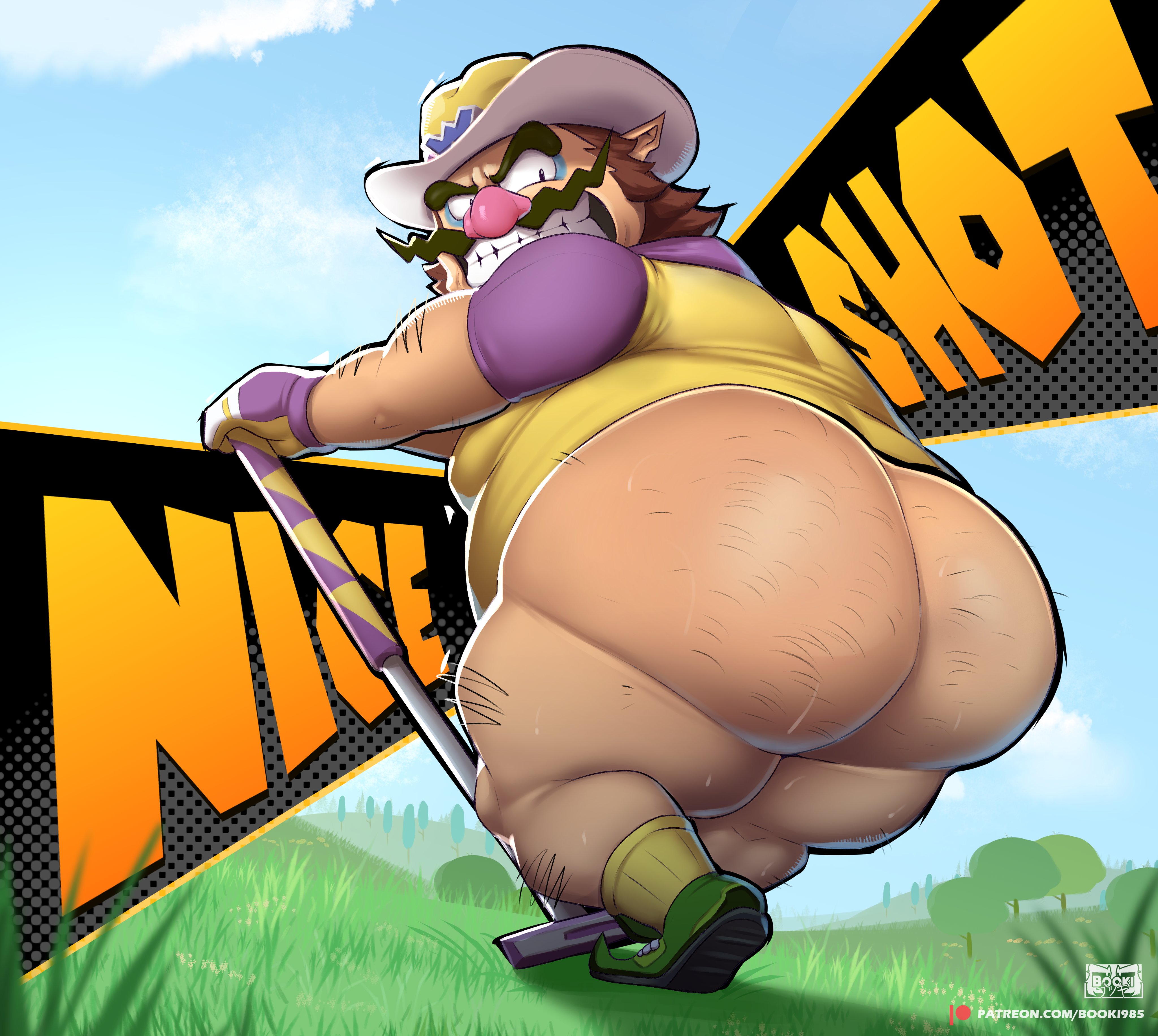 1boy, ass focus, big ass, big ass (male), bottomless, bottomless male, el booki, golf club, golfing, male, male only, mario (series), nintendo, wario, wario (series), warioware