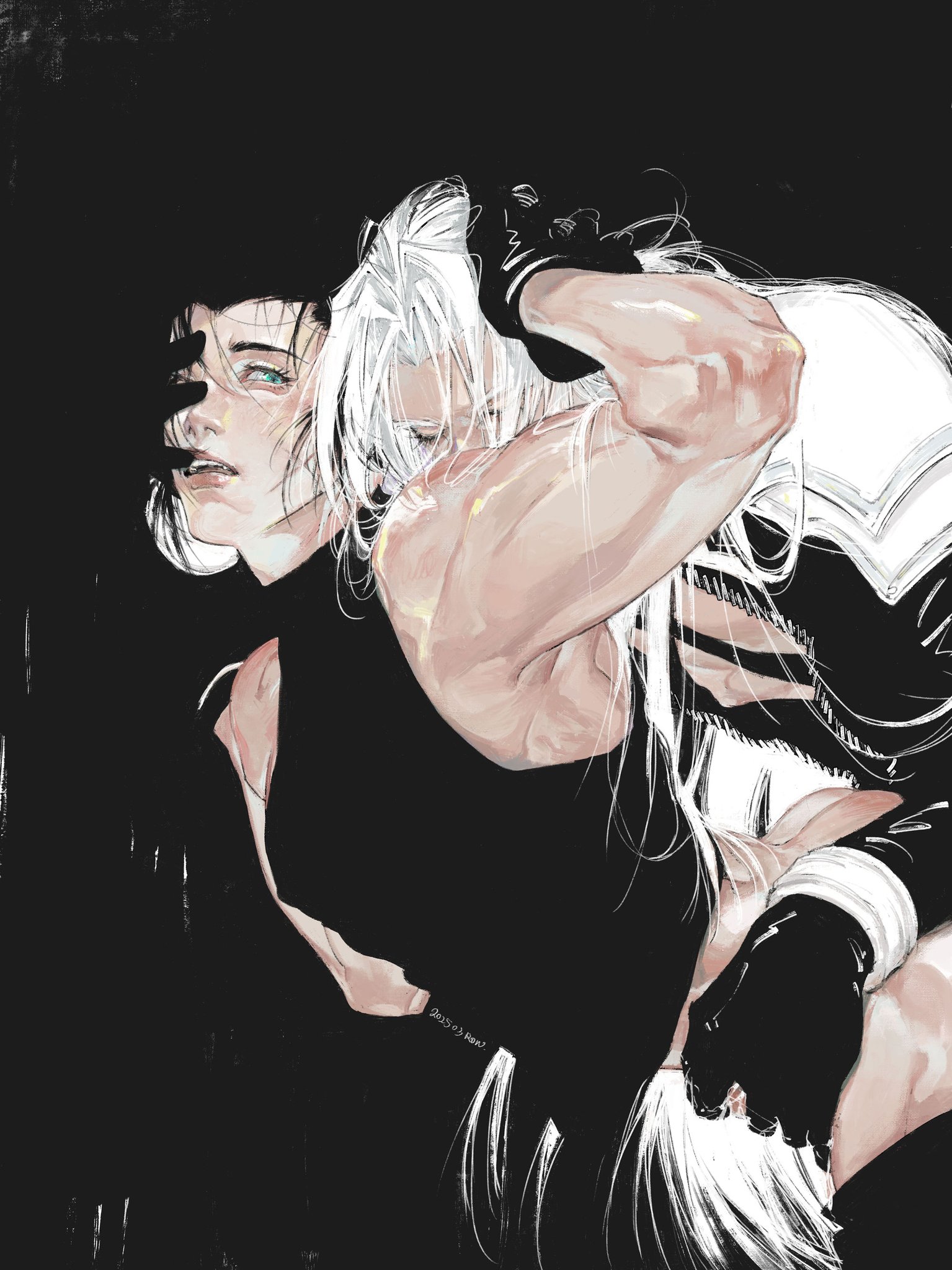 2boys, anal, anal sex, ass, black background, black hair, blue eyes, closed eyes, clothed sex, final fantasy, final fantasy vii, final fantasy vii remake, gay, gay anal, gay sex, gloves, hand on head, hand on hip, leather clothing, leather gloves, light skin, light-skinned male, long hair, male, male/male, muscular, muscular male, pants, row056, sephiroth, sex, sleeveless turtleneck, square enix, tagme, turtleneck, white hair, yaoi, zack fair