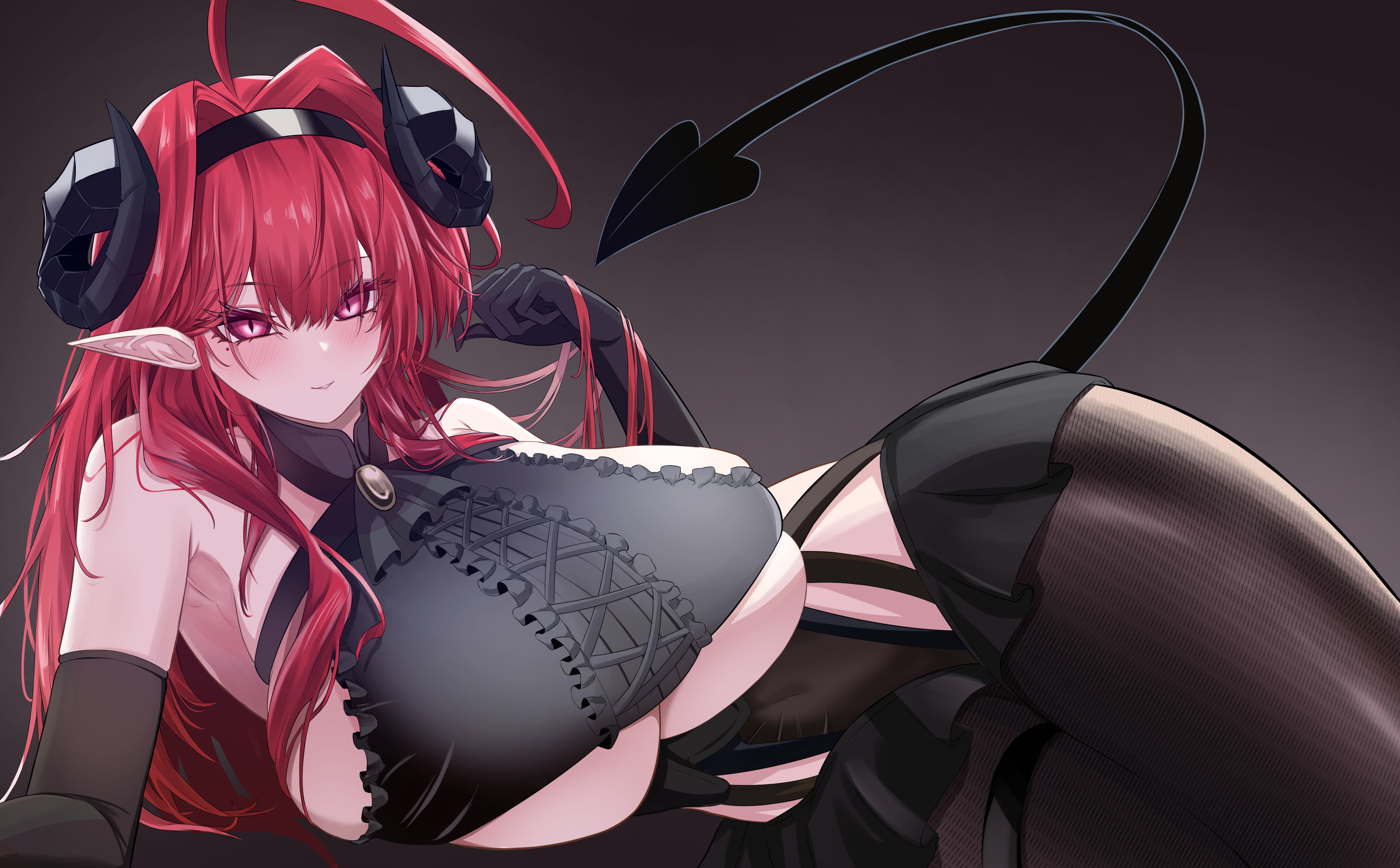 1girls, azur lane, big breasts, big thighs, breasts, clothed, clothing, demon girl, demon horns, demon tail, elf ears, female, female only, hindenburg (azur lane), horns, huge breasts, iron blood (azur lane), light skin, light-skinned female, provocative, red eyes, red hair, seductive look, smile, solo, thick thighs, thighs