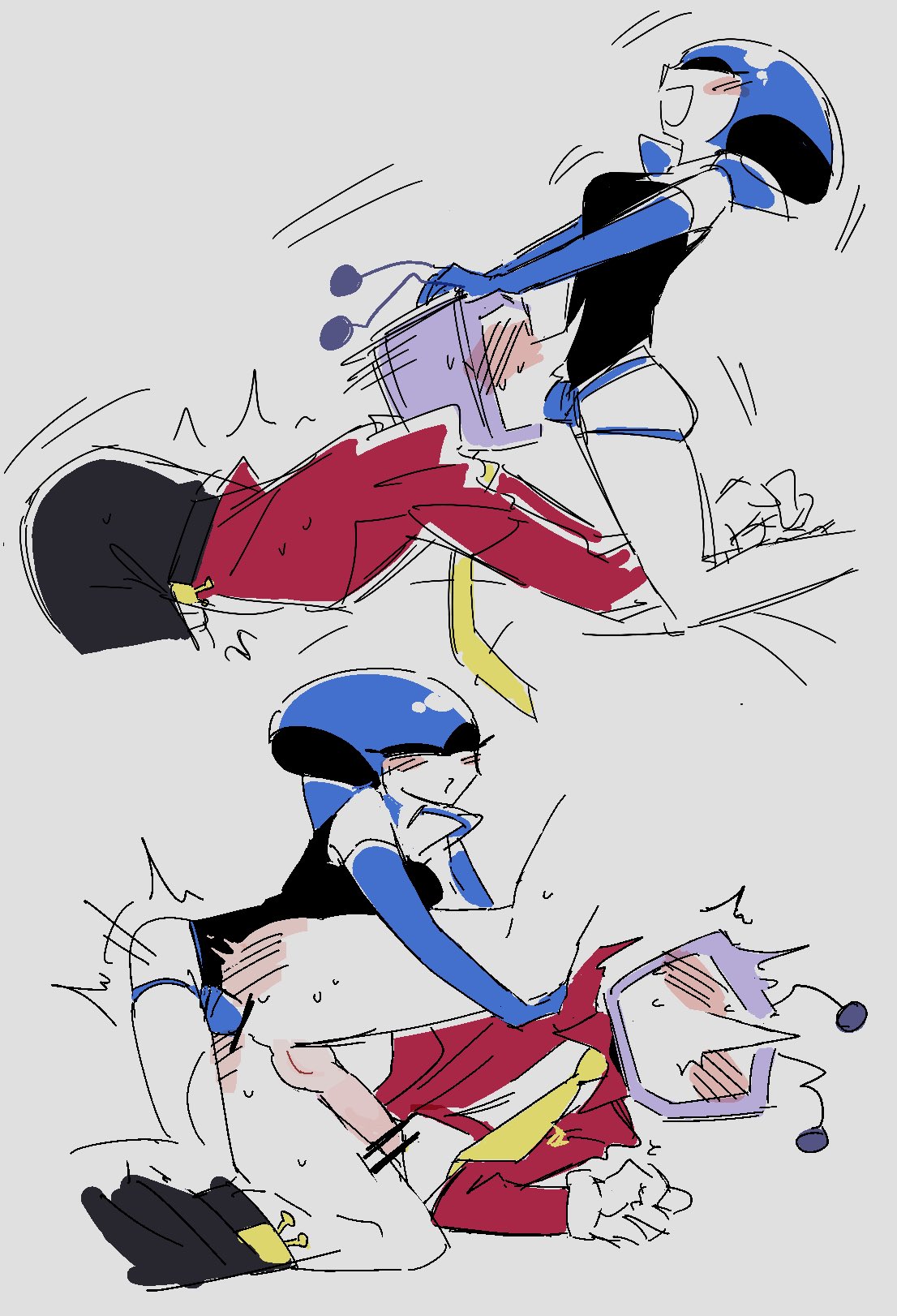 1boy, 1girls, 2025, antennae (anatomy), ass, bottomless, bottomless male, censored, censored penis, closed mouth, deltarune, ecstasy, female, femdom, happy, holding another's head, holding another's leg, laughing, male, no eyes, pants down, pegging, penis, queen (deltarune), robot, robot boy, robot humanoid, robot on robot, shhrhj51063, spread legs, straight, straight sex, strap-on, strapon, submissive male, sucking, sucking penis, tenna (deltarune), thighs, tv head, white background