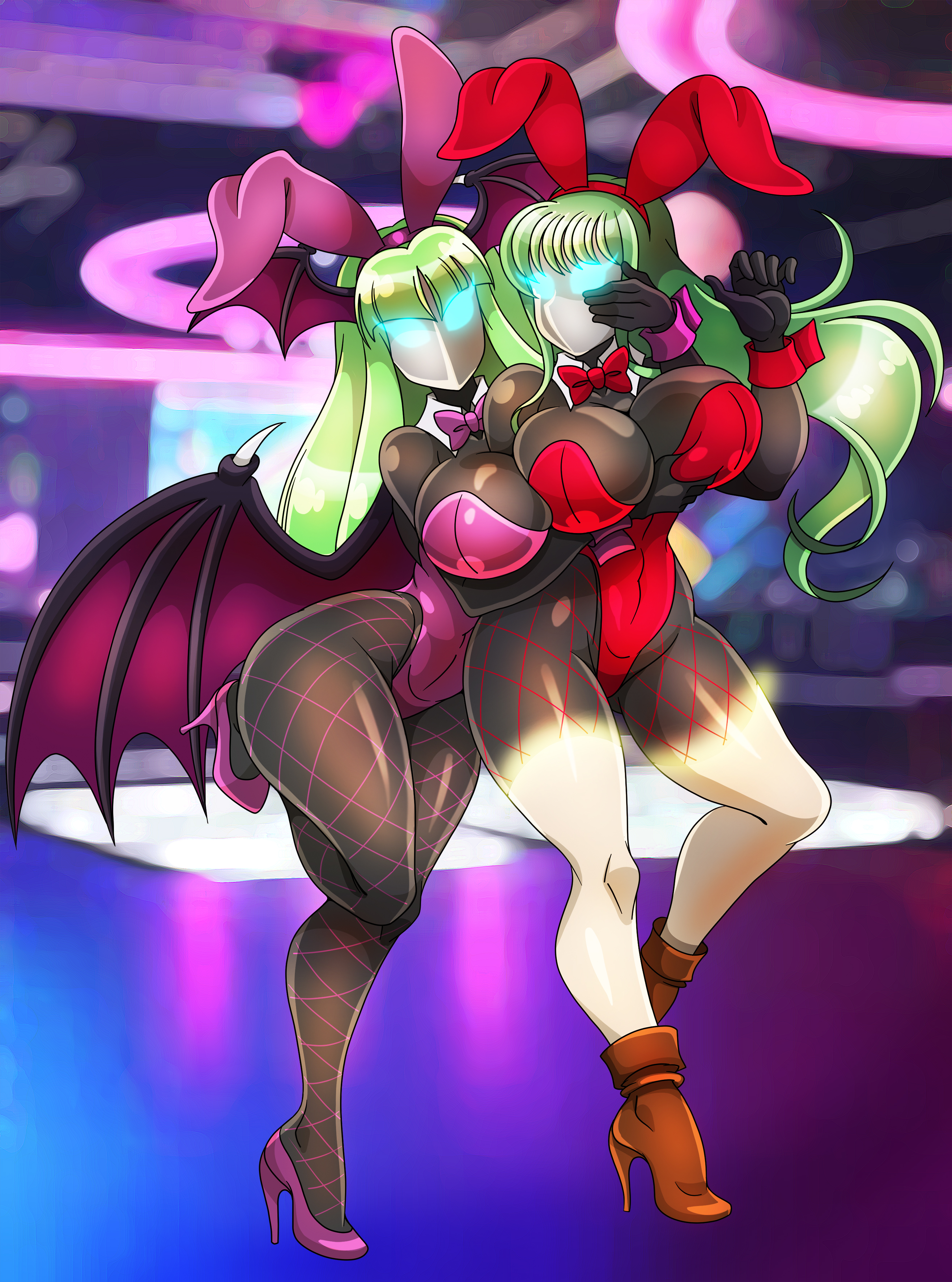 2girls, absurdres, alternate costume, bangs, big breasts, boots, breast grab, breasts, bubble butt, bunny ears, bunny girl, bunnysuit, capcom, corruption, crossover, cuffs, darkstalkers, fake animal ears, female, female only, femsub, fire emblem, fire emblem awakening, fishnets, glowing, glowing eyes, green hair, groping, hand on head, head wings, high heels, huge breasts, hypnotized hypnotist, large breasts, living costume, long hair, looking at viewer, mask, megami tensei, mind control, morrigan aensland, multiple females, multiple girls, multiple subs, pantyhose, persona, persona (series), persona 5, possession, shadow (persona), shadow bunny, shadow waitress, standing, succubus, tech control, thick thighs, thighs, tiki (fire emblem), transformation, wings, wink, zorro-zero