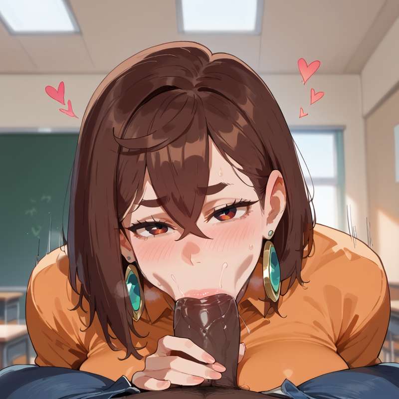 1boy, 1girls, ai generated, ayase momo, big breasts, blowjob, breasts, brown hair, dandadan, dark-skinned male, female, interracial, juuicyai, light skin, light-skinned female, male, male pov, oral, oral sex, penis, pov, school, sucking penis