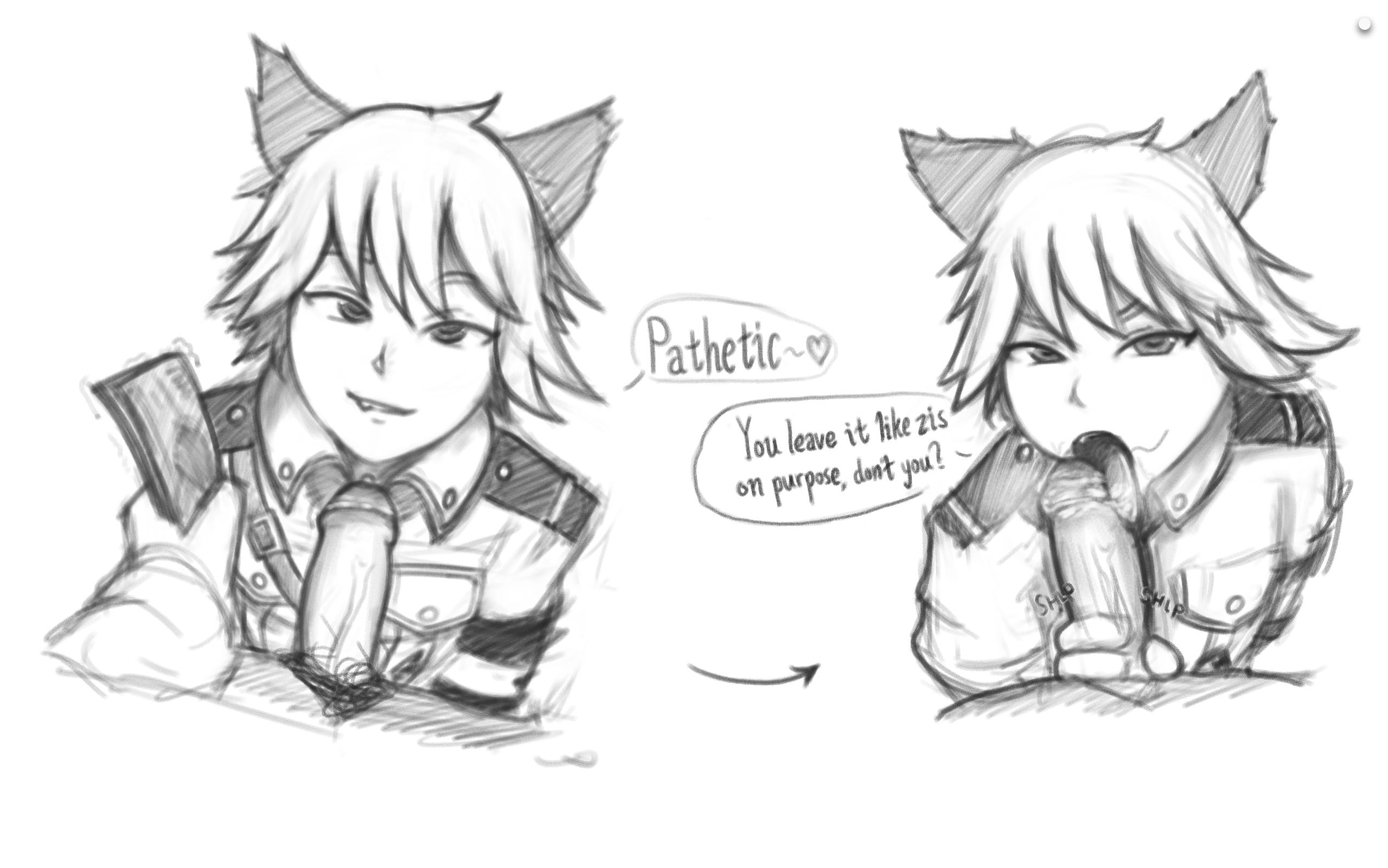 2boys, 2d, cat ears, catboy, cum, doom captain, fellatio, femboy, greyscale, hellsing, male, monochrome, schrodinger, sketch, tagme, yaoi