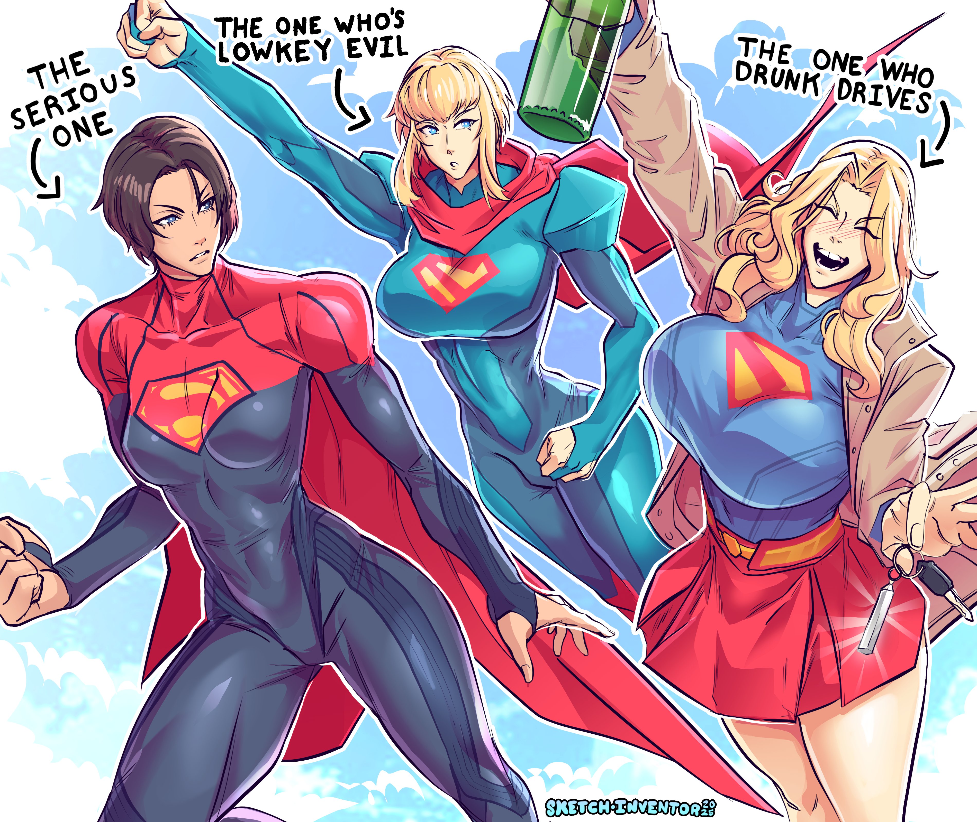 2025, 2d, 3girls, alcohol bottle, artist signature, big breasts, blonde hair, blue bodysuit, blue eyes, bodysuit, breasts, breasts bigger than head, brown coat, brown hair, cape, car keys, clothed, clothed female, coat, dc, dc comics, dc extended universe, dcu, drunk, english, english text, female, female focus, female kryptonian, female only, huge breasts, kara zor-el, kryptonian, large breasts, long hair, multicolored bodysuit, multiple females, multiple girls, multiple persona, multiversal counterpart grouping, my adventures with superman, pixie crop, pixie crop bangs, pixie crop female, pixie crop hair, pixie crop with long locks, pixie cut, pixie cut bangs, pixie cut female, pixie cut hair, pixie cut with long locks, red bodysuit, red cape, short hair, short hair bangs, short hair with long locks, short-hair, short-haired female, sketchinventor, skirt, smile, square crossover, supergirl, supergirl (dcu), supergirl (my adventures with superman), supergirl (sasha calle), superhero, superhero costume, superheroine, superman (2025), superman (series), text, the flash (2023), the flash (series), wide hips