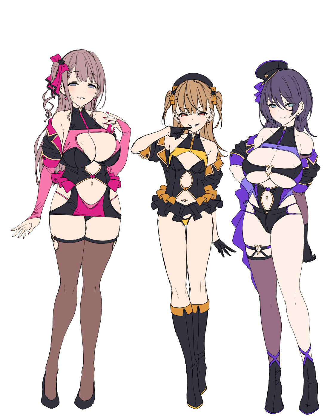 3girls, asaba ibuki, beret, black boots, black gloves, black hat, black shoes, blue eyes, boots, bow, breasts, brown eyes, brown hair, brown thighhighs, cleavage, clothing cutout, commentary request, concept art, ear piercing, earrings, female, gloves, grin, hair ribbon, hairbow, half gloves, hand on own hip, hand up, hat, heart, heart earrings, heart o-ring, highres, idol, jewelry, kurozuka alisa, large breasts, light blush, long hair, looking at viewer, mini hat, mole, mole under eye, multiple females, multiple girls, nail polish, nanajima arisa, navel, navel cutout, navel piercing, o-ring, one side up, orange bow, original, panties, piercing, pink ribbon, purple eyes, purple hair, purple ribbon, red nails, ribbon, ring, satou kuuki, shirosaki koharu, shoes, simple background, single thighhigh, small breasts, smile, thighhighs, two side up, underboob, underwear, very long hair, white background