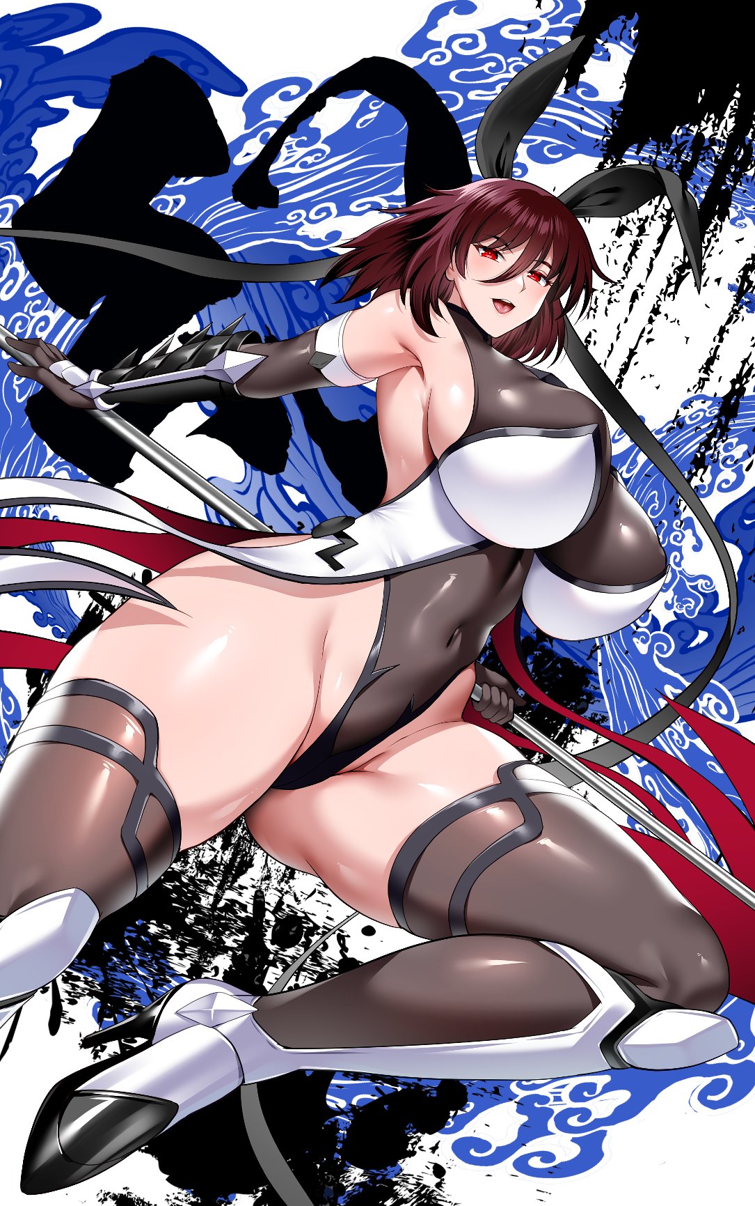 08kenji01, big breasts, breasts, brown hair, child bearing hips, female, hozumi kenji, huge breasts, large breasts, looking at viewer, mature female, milf, mizuki shiranui, naginata, red eyes, taimanin (series), taimanin rpgx, wide hips