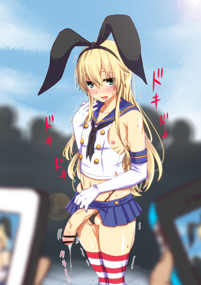 1boy androgynous ass big_penis blonde_hair blush cosplay crossdressing drool exhibitionism femboy girly gloves kantai_collection kurita_nao1 long_penis male male_only microskirt penis penis_in_panties phone precum public rule_63 shimakaze_(kantai_collection) shimakaze_(kantai_collection)_(cosplay) skirt smartphone solo_focus stockings striped striped_legwear thighhighs trap whale_tail