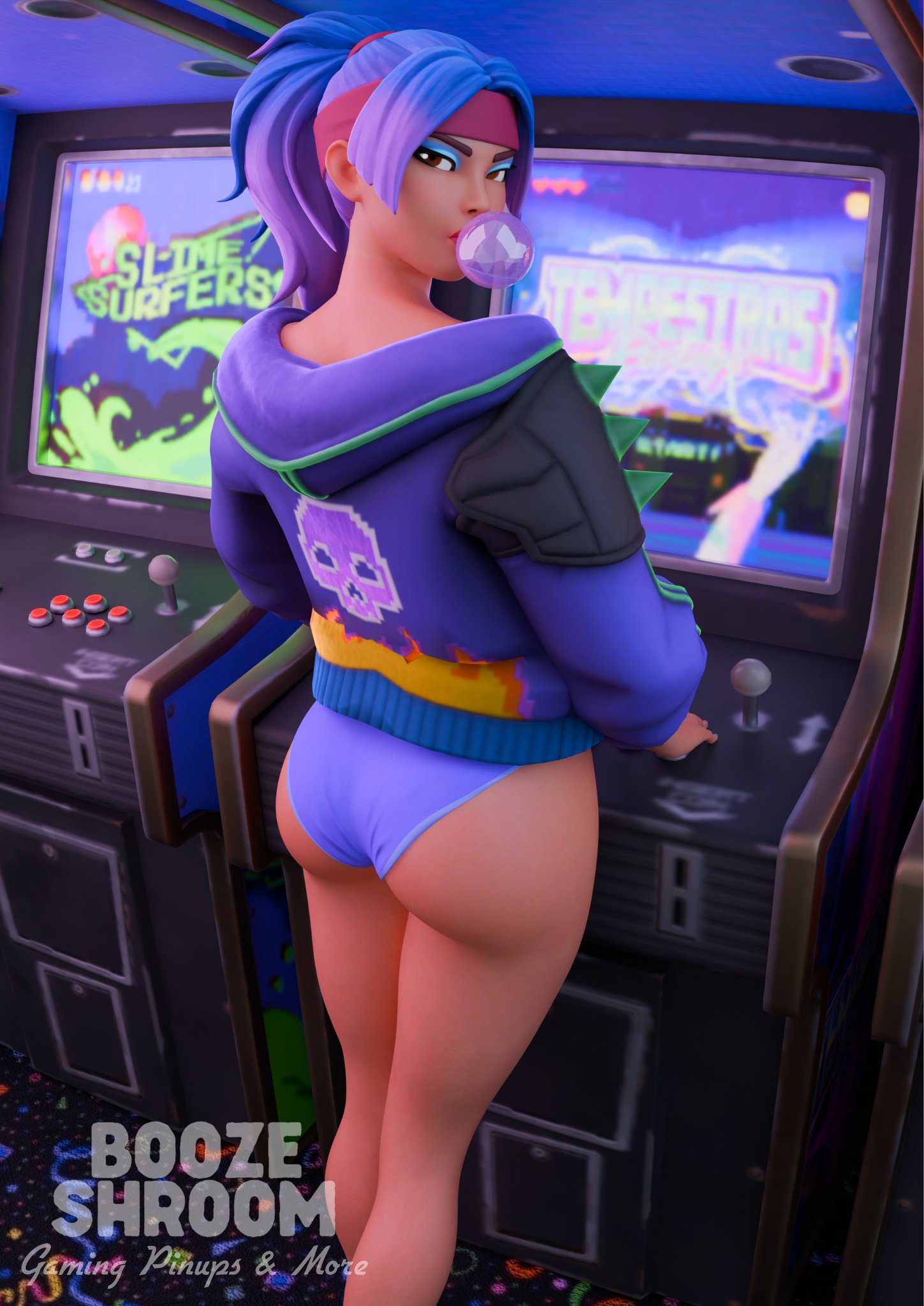 3d, 3d (artwork), arcade, arcade machine, ass, ass focus, big ass, blowing bubble gum, boozeshroom, clothed, clothed female, clothing, female, female focus, female only, fortnite, fully clothed, fully clothed female, looking back, looking back at viewer, multicolored hair, no pants, panties, pink highlights, pixie (fortnite), purple hair, purple hair female, short shorts, skimpy, skimpy clothes, skimpy outfit, solo, solo female, solo focus, underwear, watermark
