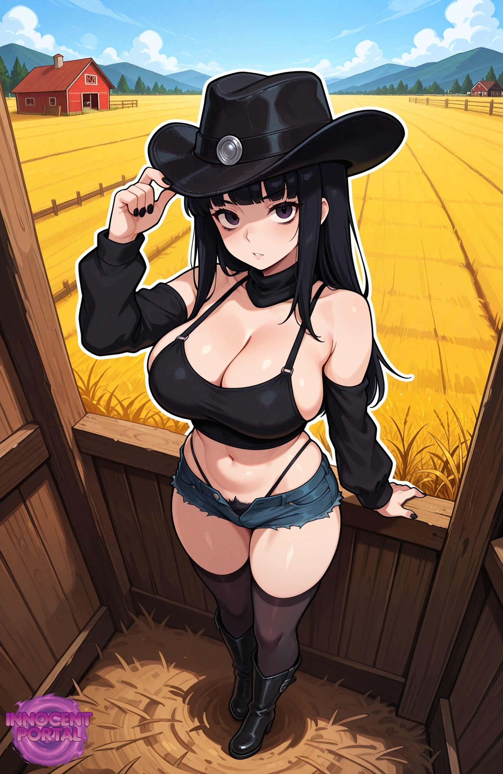 ai generated, barely clothed, barn, big breasts, black boots, black cowboy hat, black detached sleeves, black hair, black hat, black nail polish, black nails, black tank top, black thigh highs, black thighhighs, black thong, blue sky, boots, breasts, cleavage, cowboy, cowboy hat, cowgirl, denim shorts, detached sleeves, farm, farm girl, farmgirl, female, from above, goth, goth girl, gothic, gothic girl, jorgecarlosai, long hair, mountains, pubic hair, pubic hair peek, purple eyes, short shorts, shorts, sideboob, sky, tank top, thigh highs, thighhighs, thighs, thong, watermark