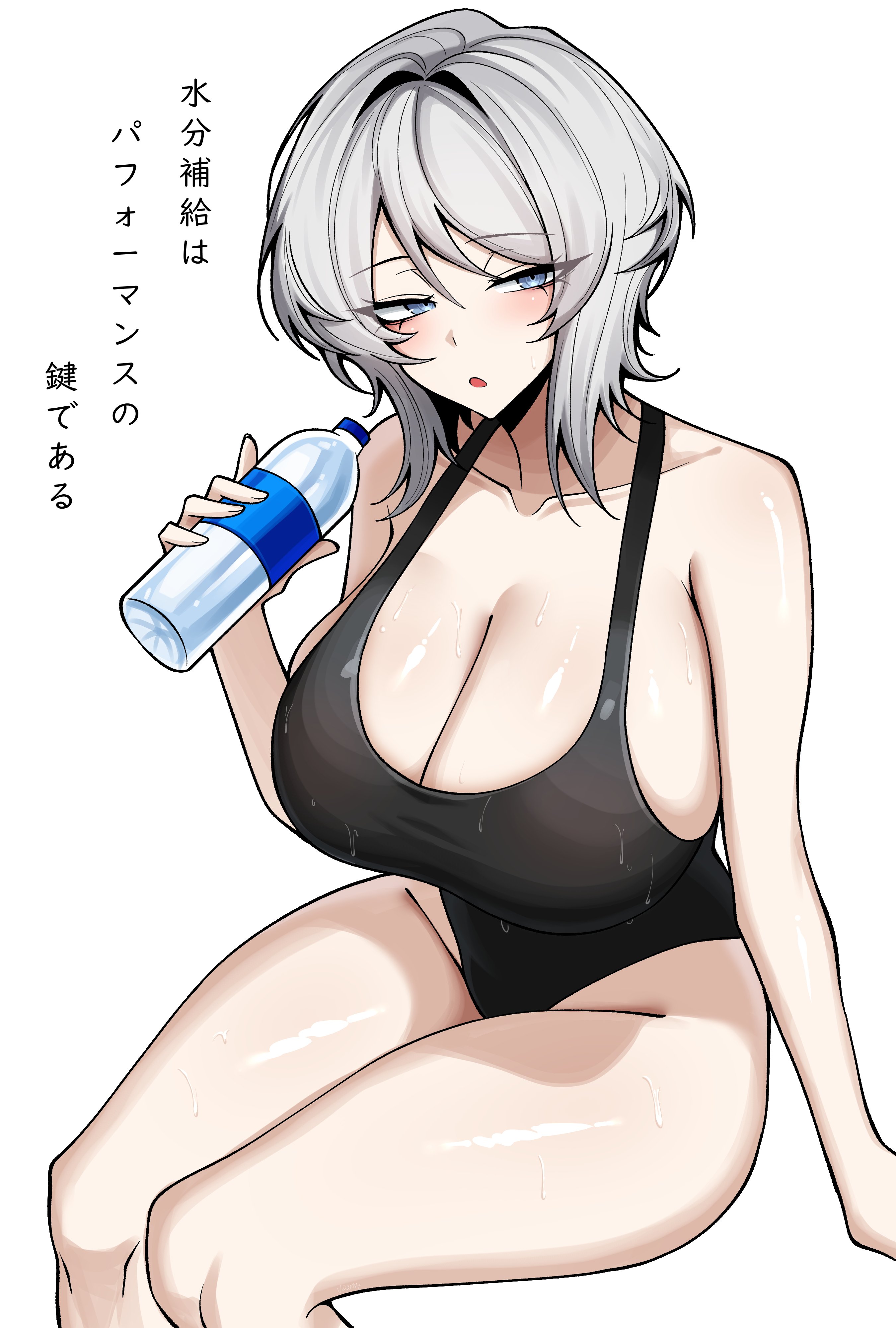 big breasts, blue eyes, bottle, breasts, faust (limbus company), female, female only, japanese text, limbus company, project moon, swimsuit, vvernerluniq, white background, white hair