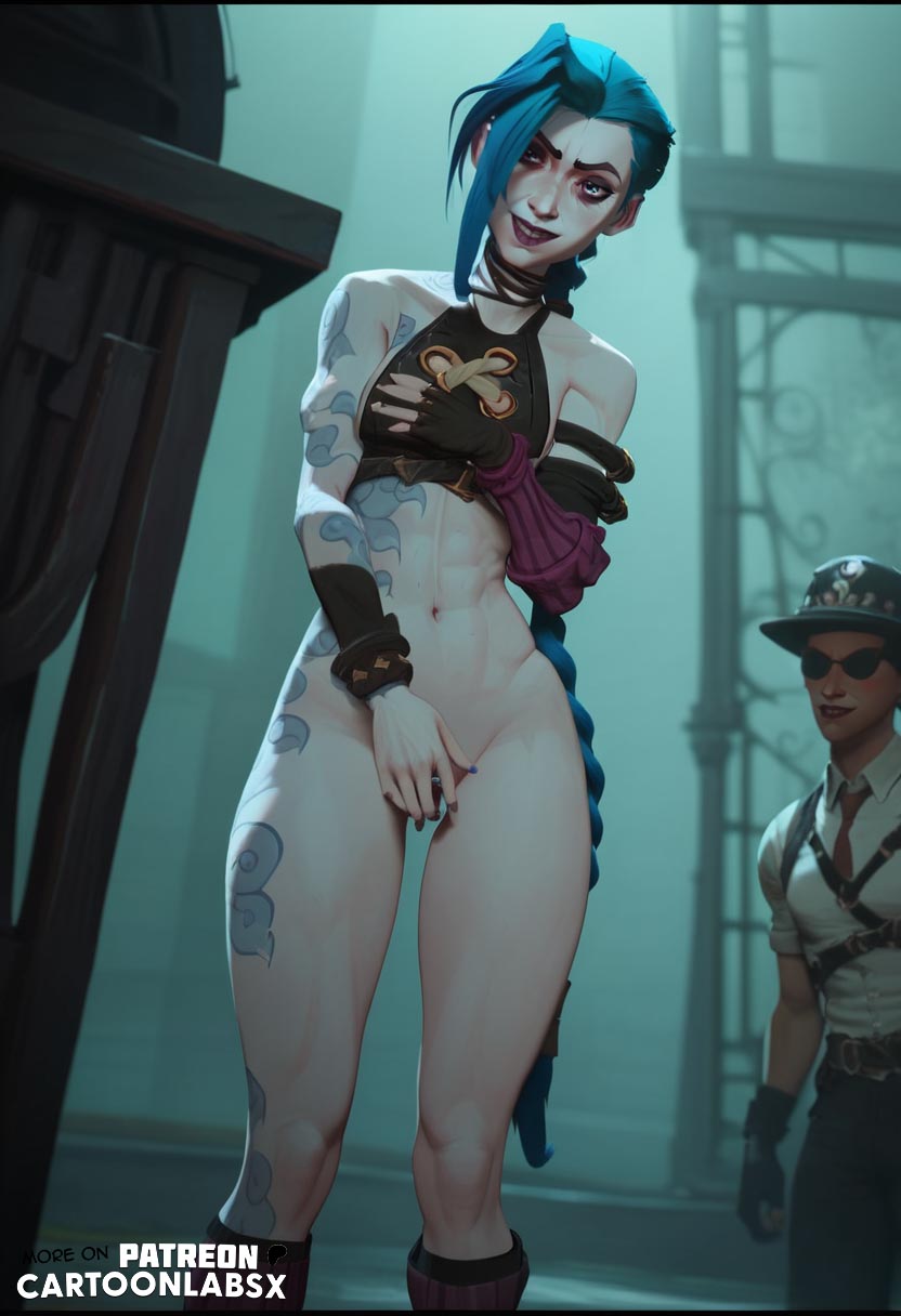ai generated, arcane, arcane jinx, blue hair, cartoon, clothes down, clothes removed, covering, covering crotch, covering self, embarrassed, embarrassed female, embarrassed nude exposure, embarrassed nude female, enf, female, humiliated, humiliating, humiliation, humiliation fetish, jinx (league of legends), league of legends, navel, petite, petite body, petite female, pink eyes, shocked, shocked expression, shocked eyes