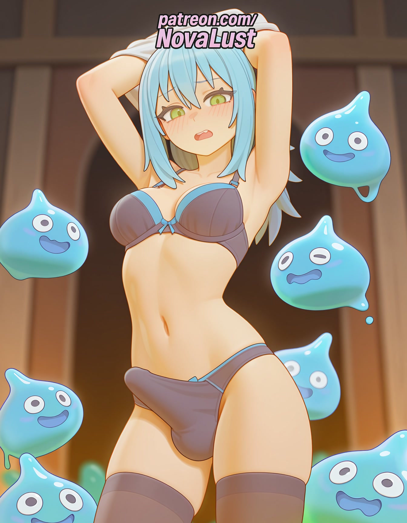 ?, 1futa, 2025, 2others, ai generated, ambiguous gender, artist name, balls, black legwear, blue hair, blue slime, blurry background, blush, bow, bra, bulge, cock, dick, dolphin, futanari, ghost, green eyes, hi res, high quality, high resolution, highres, hitodama, indoors, intersex, jellyfish, looking down, male, male focus, mars symbol, monster, multiple others, navel, novalust, octopus, open mouth, otoko no ko, panties, patreon, patreon username, penguin, penis, pokemon (creature), rimuru tempest, shark, slime (creature), slime (dragon quest), slime (substance), spoken question mark, stable diffusion, stuffed shark, tensei shitara slime datta ken, tentacles on male, testicles, thighhighs, underwear, underwear only, watermark