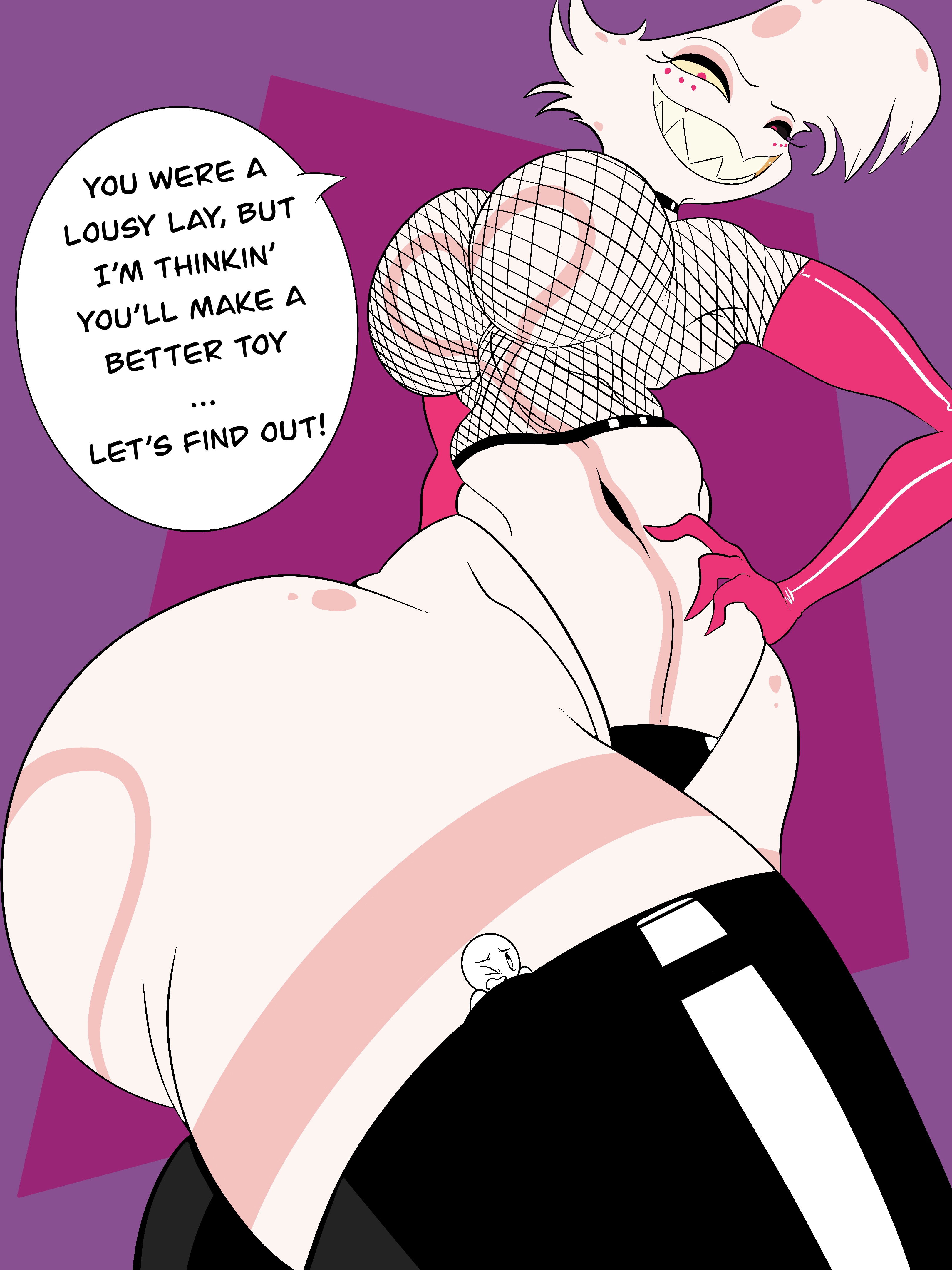 angel dust (hazbin hotel), black boots, boots, breasts, busty male, dominant, elbow gloves, entrapment, fishnet topwear, giant, gloves, hazbin hotel, latex, latex gloves, macro, macrophilia, male, male breasts, micro, microphilia, oddoldsoul, sharp teeth, thigh boots