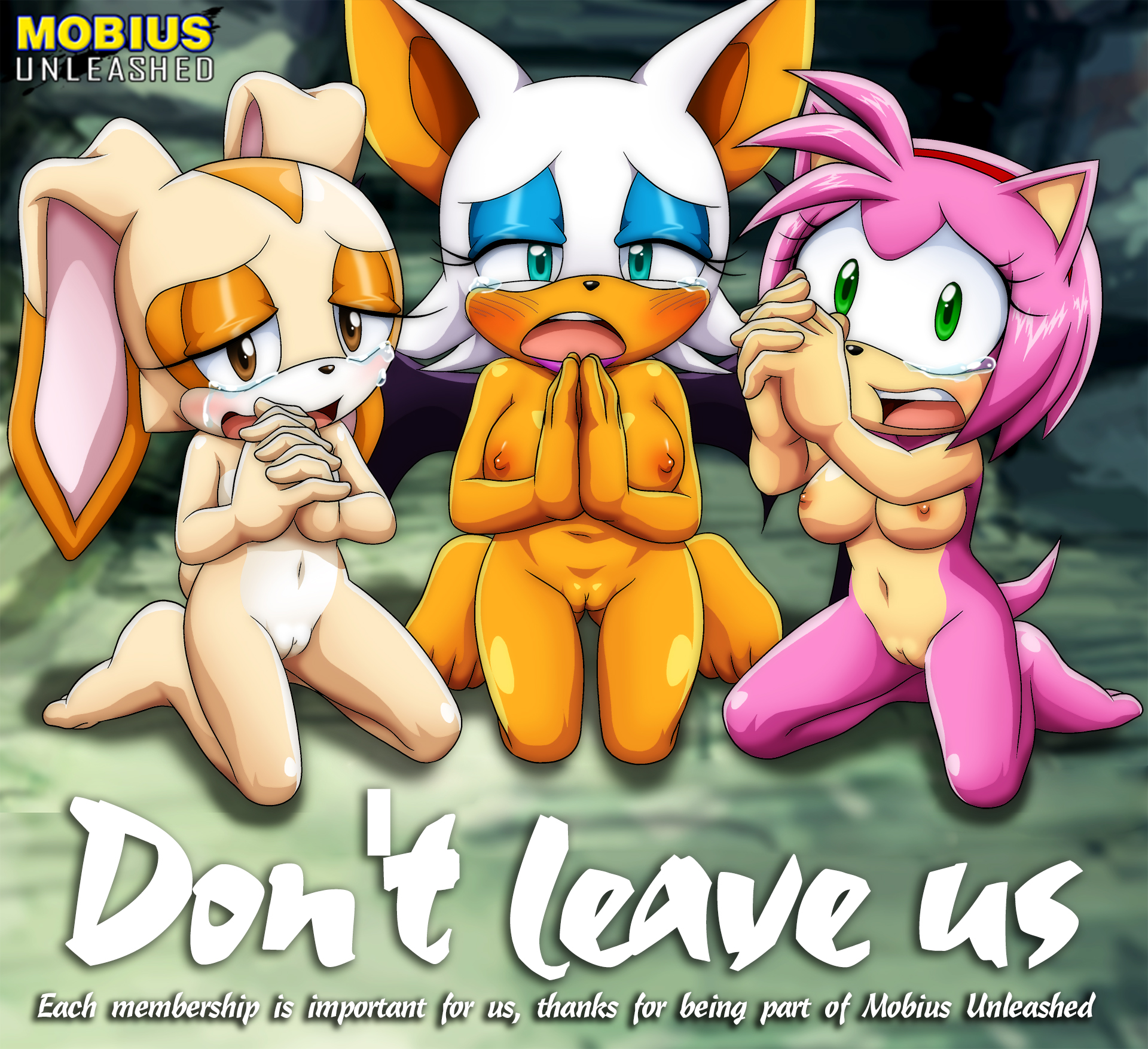 3girls, amy rose, bat, bbmbbf, breasts, cream the rabbit, female, female only, flat chest, hedgehog, large breasts, mobius unleashed, nude, palcomix, rabbit, rouge the bat, sega, small breasts, sonic (series), sonic the hedgehog (series)