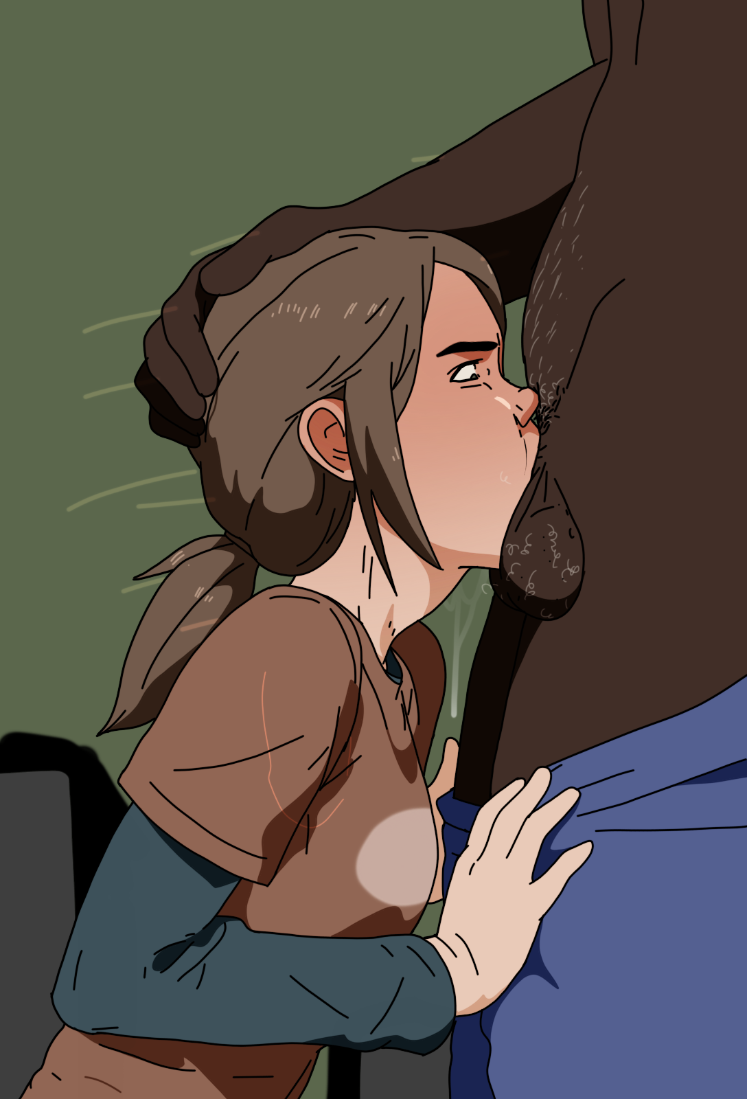1boy, 1girls, ai assisted, all the way to the base, blowjob, brown hair, dark-skinned male, deepthroat, ellie (the last of us), ellie williams, fellatio, female, green eyes, hand on head, hands-free, interracial, male, petite, red shirt, sunnie, the last of us, the last of us 2