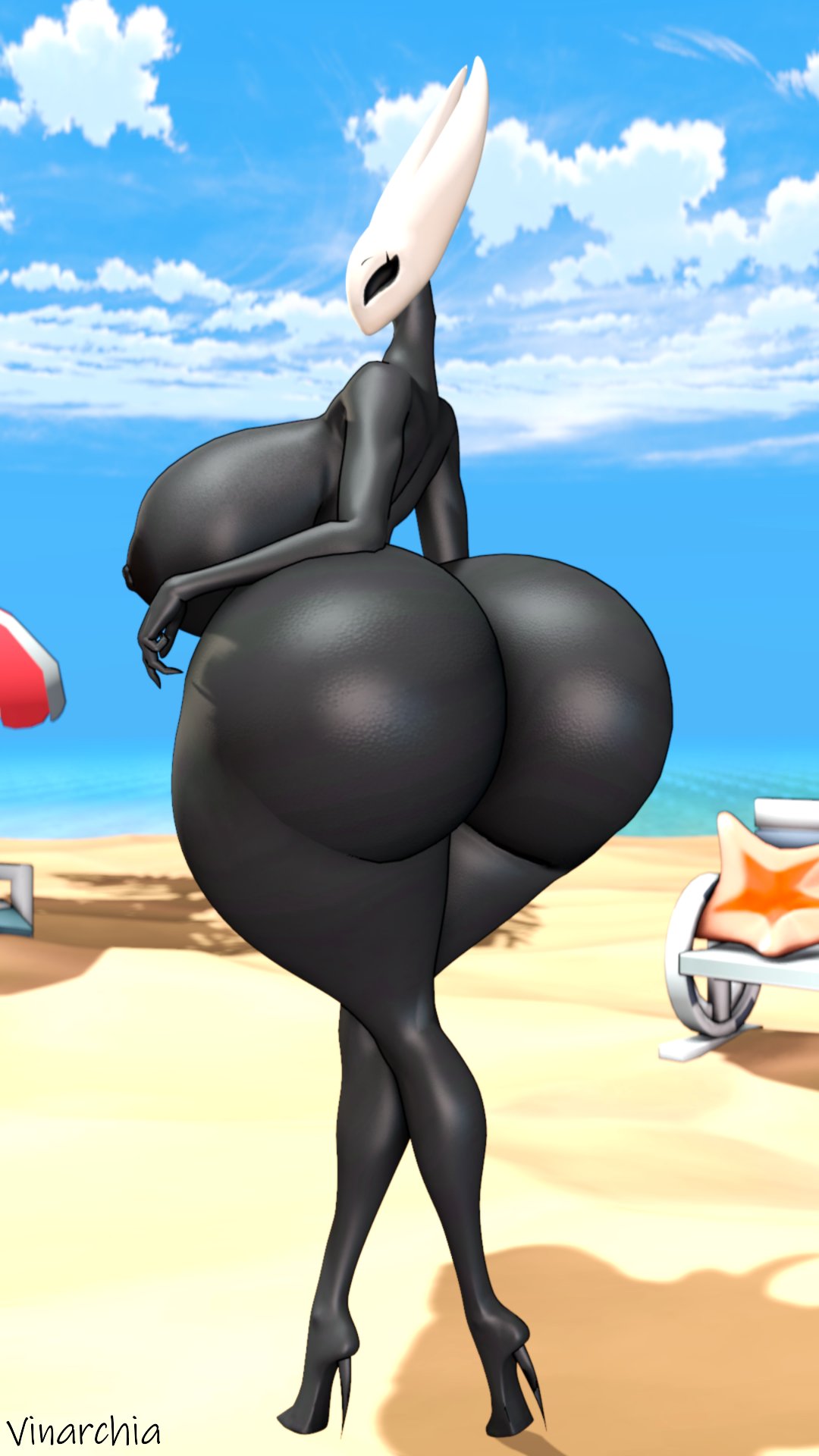 1girls, 3d, 3d (artwork), 3d model, ass, ass bigger than head, ass bigger than torso, barefoot, beach, beach background, big ass, big breasts, big butt, black skin, breasts, breasts bigger than head, completely nude, completely nude female, female, female only, full body, hollow knight, hollow knight (franchise), hollow knight: silksong, hornet (hollow knight), looking at viewer, looking back, looking back at viewer, naked, naked female, nipples, nude, nude female, outdoors, outside, rear view, sand, sideboob, silksong, solo, solo female, standing, team cherry, thick thighs, thighs bigger than head, thighs bigger than torso, viewed from behind, vinarchia, water