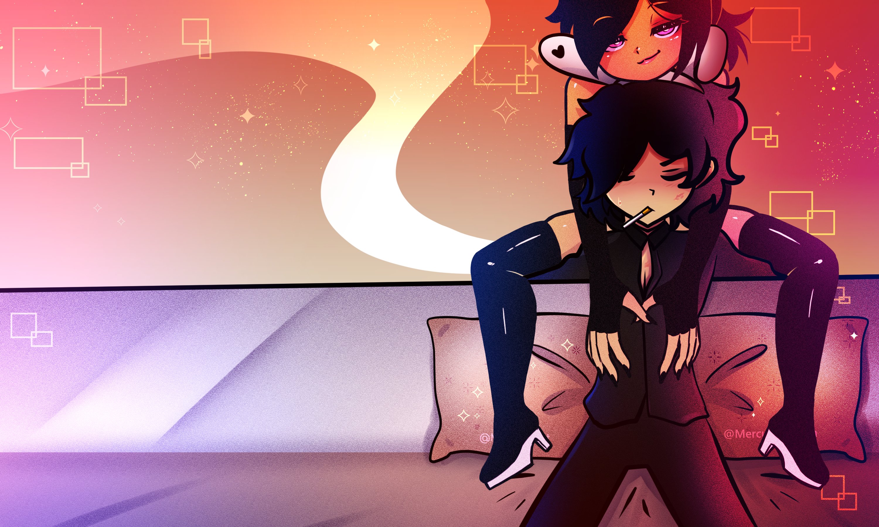 1boy, 1girls, 2d, andrew graves, ashley graves, black fingernails, black hair, brother and sister, bunny ears, cigarette, elbow gloves, female, heels, implied incest, incest, light-skinned female, light-skinned male, male, manyakis, mercuriusorion, mike inel, naked footwear, pink eyes, siblings, sitting on person, sitting on shoulders, smirk, smoking, suit, the coffin of andy and leyley, thighhighs