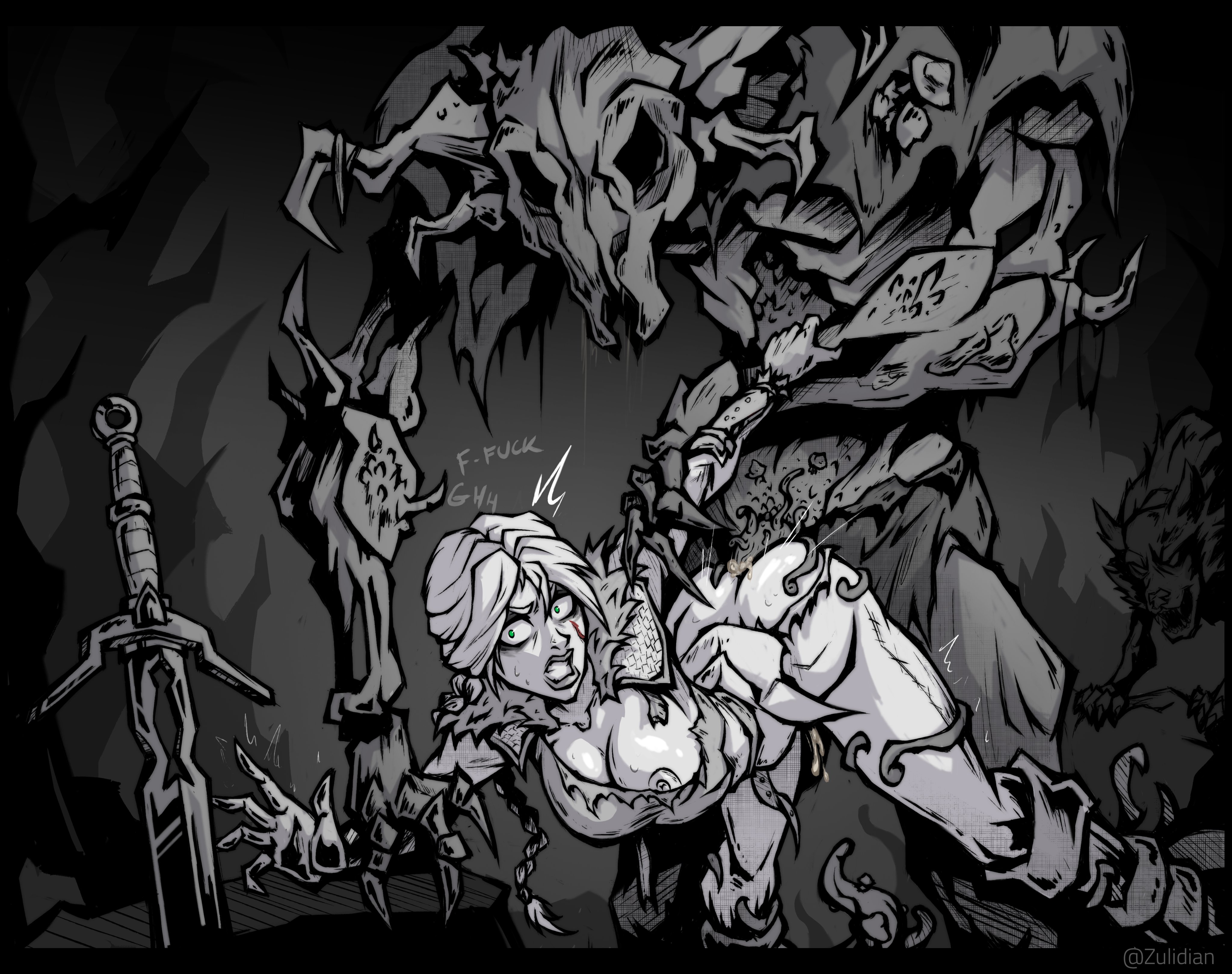 1girls, 2d, anal, anal sex, arm grab, ass, ass grab, black and white, braid, breasts, cd projekt red, child bearing hips, ciri, curvaceous, curvaceous ass, curvaceous body, curvaceous female, curvaceous figure, curvaceous hips, curvaceous thighs, curvy, curvy body, curvy female, curvy figure, curvy hips, curvy thighs, defeated, defeated heroine, female, female focus, green eyes, light-skinned female, male, monster, nipples, penis, rape, reaching for weapon, scar, sword, the witcher (series), the witcher 4, thick, thick hips, thick legs, waifu, wet body, white hair, zulidian