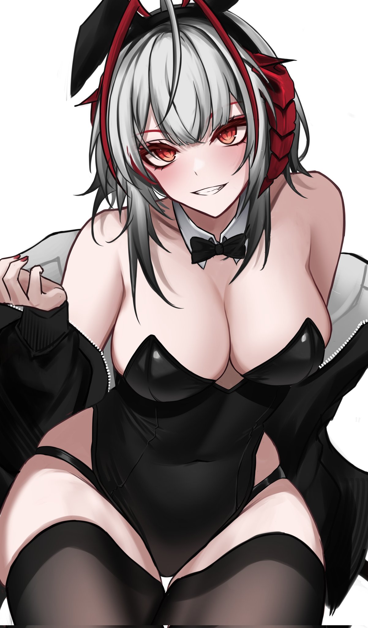 1girls, arknights, big breasts, breasts, bunnysuit, female, female only, grey hair, light skin, light-skinned female, myb52, red eyes, sitting, smile, smiling at viewer, solo, thick thighs, w (arknights)