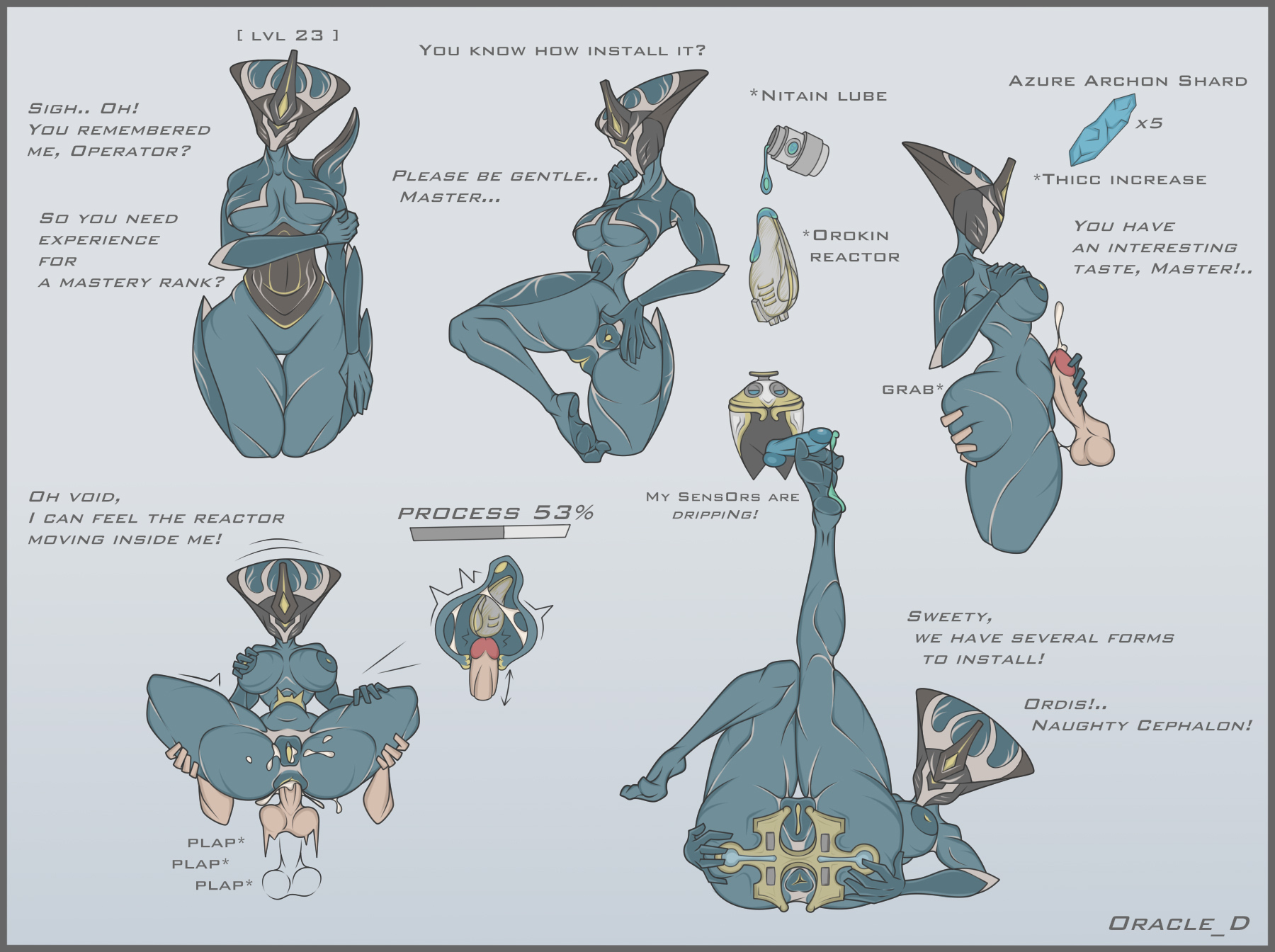 anal, anal insertion, anal object insertion, banshee (warframe), big ass, blue body, cavity storage, cum in ass, dripping cum, faceless character, faceless female, female, inviting to sex, legs up, oracle dominus, ordis (warframe), rubbing belly, spreading ass, text, thick thighs, undressing, warframe, wide hips
