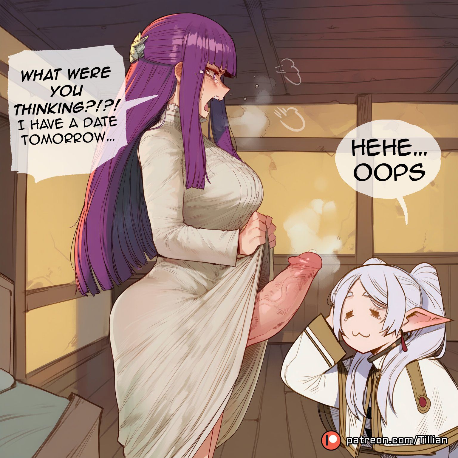 :3, = =, 2girls, ai generated, blunt bangs, blush, breasts, capelet, closed mouth, clothes lift, crying, dress, dress lift, earrings, elf, english text, erection, female, fern (sousou no frieren), frieren, from side, futa with female, futanari, grey hair, hair ornament, huge cock, indoors, intersex, jewelry, large breasts, large penis, lifted by self, long hair, long sleeves, meme, multiple females, multiple girls, open mouth, patreon logo, patreon username, penis, pointy ears, purple eyes, purple hair, smug, sousou no frieren, speech bubble, straight hair, tears, tillian, twintails, uncensored, veins, veiny penis, white capelet, white dress, white hair