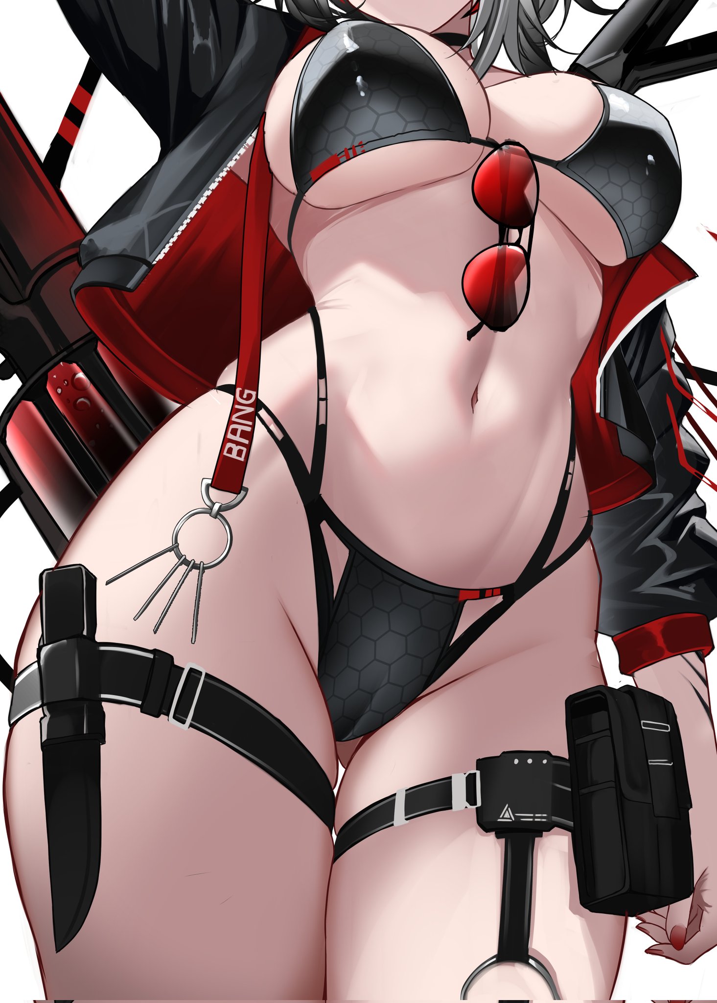1girls, arknights, big breasts, big thighs, bikini, breasts, curvy figure, female, female only, glasses, grey hair, knife, light skin, light-skinned female, myb52, solo, solo female, thighs, w (arknights)