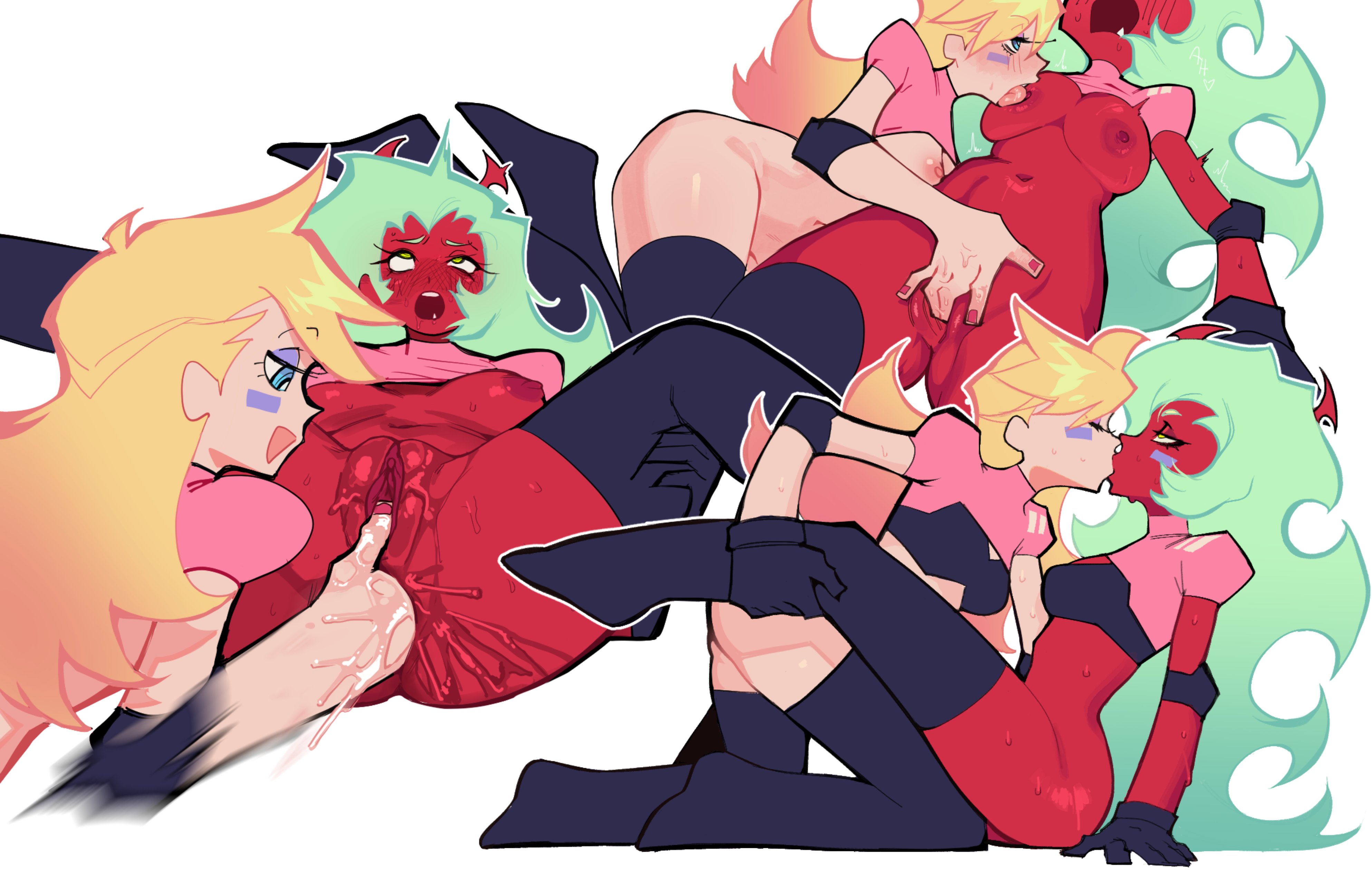 2girls, american football, anal, anal fingering, angel, clothed, demon, demon girl, demon horns, demon tail, female, female/female, fingering, fingering partner, green hair, kissing, multiple girls, nipples, official alternate costume, panty & stocking with garterbelt, panty anarchy, red body, red nipples, red skin, red-skinned female, scanty daemon, textless version, void dot exe, x league, yuri